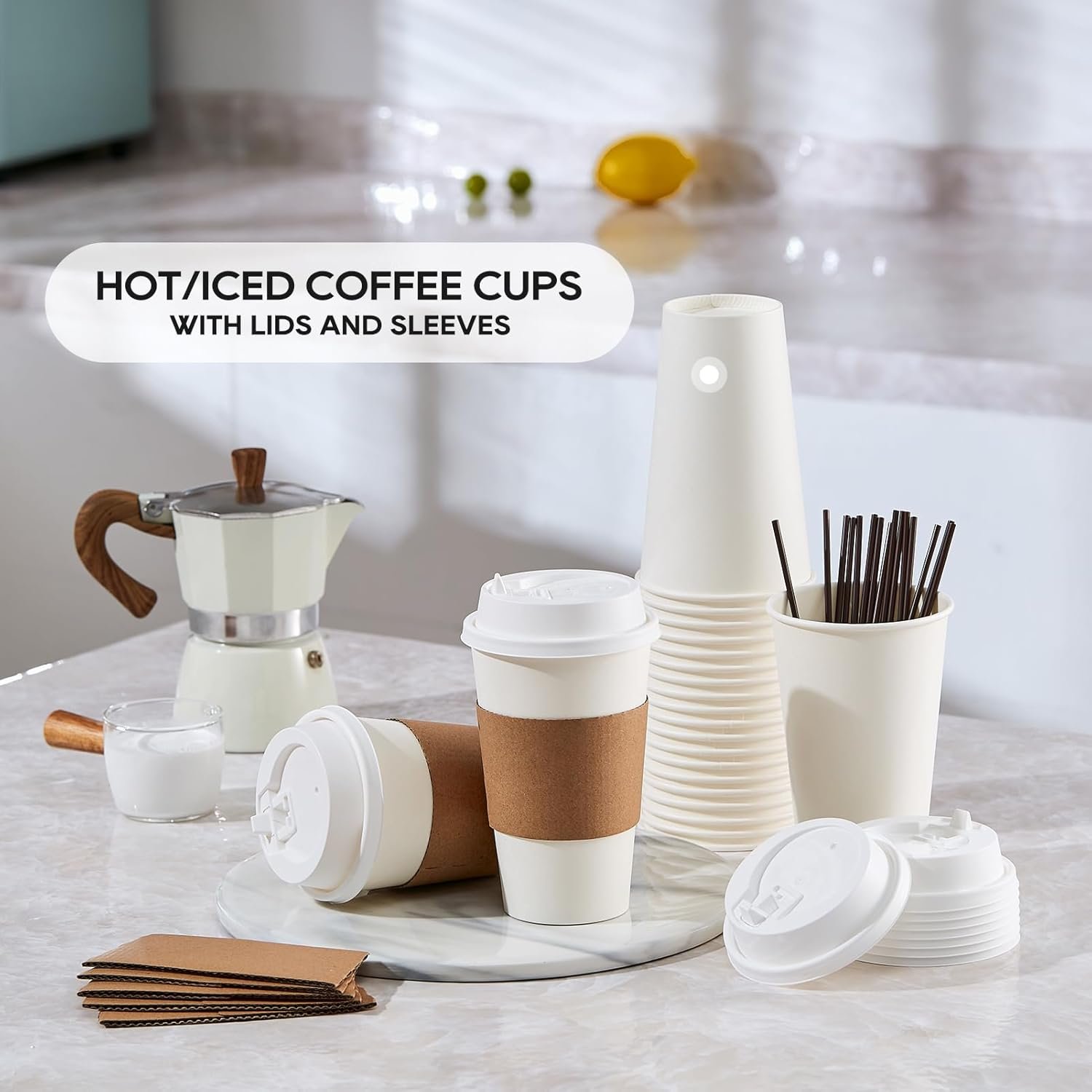 Grossiste gobelets en papier 16 oz [100 pièces], contenant pour boissons chaudes et froides avec couvercles, manches et agitateurs, OEM, idéal pour eau, jus ou thé en vente en gros pour maisons, boutiques et cafés.