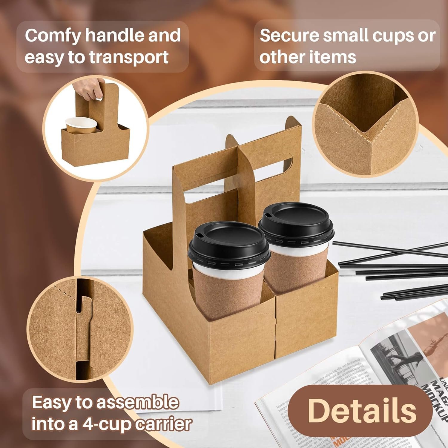 Grossiste porte-gobelet jetable en carton pour 2 tasses avec poignée, 12 pièces, accessoires de livraison alimentaire, OEM pour boissons chaudes/froides, présentation pratique, marque blanche.
