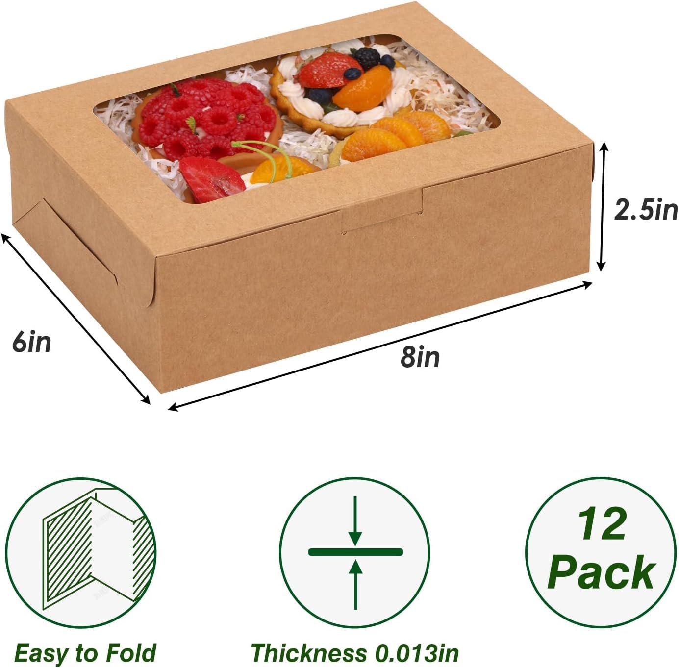 Boxes à pâtisserie 12 pièces 8x6x2.5 pouces avec fenêtre, vendues en gros par un fournisseur, idéal pour gâteaux, macarons, chocolat, donuts, cupcakes et muffins avec logo personnalisé.