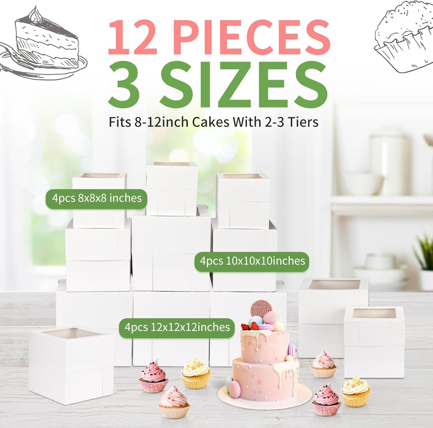 Grossiste en Vrac, boîtes à gâteaux hautes avec fenêtre disponibles en 3 tailles 12x12x12, 10x10x10, 8x8x8 pouces, conteneurs jetables pour pâtisserie, personnalisation possible avec logo, vente en gros idéale pour la Saint-Valentin et la fête des mères.
