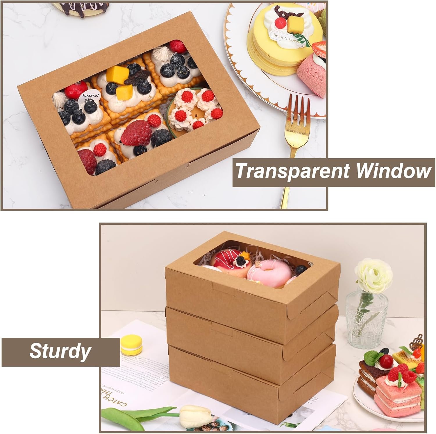 Boxes à pâtisserie 12 pièces 8x6x2.5 pouces avec fenêtre, vendues en gros par un fournisseur, idéal pour gâteaux, macarons, chocolat, donuts, cupcakes et muffins avec logo personnalisé.