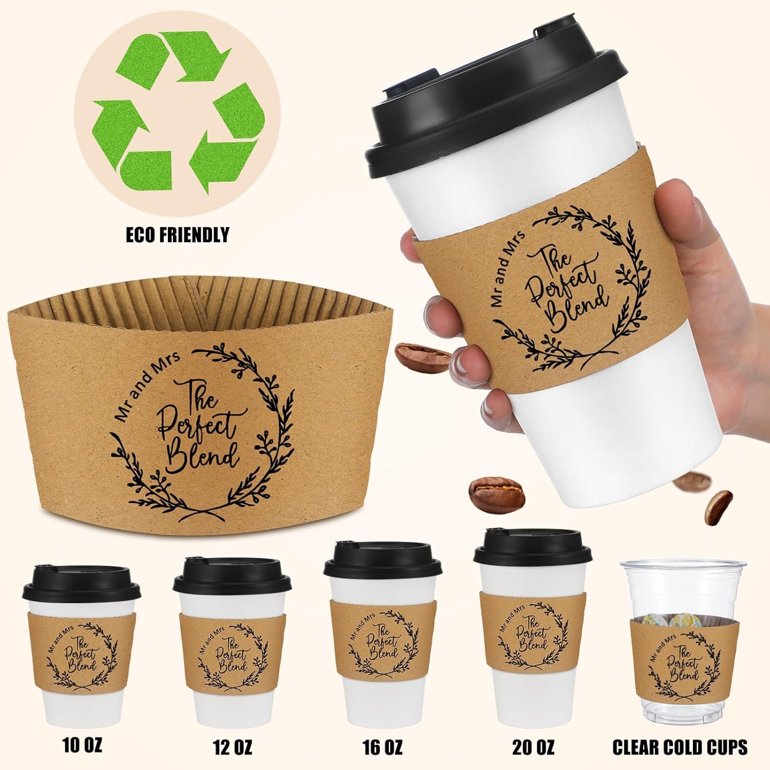 Grossiste 200 Pcs Manchons à Café Personnalisés pour Mariage en Vrac, Fournisseur de Manchons en Papier Kraft pour Tasses Chaudes 10-20 oz avec Logo Personnalisé, Favor de Mariage, Anniversaire, Baptême.