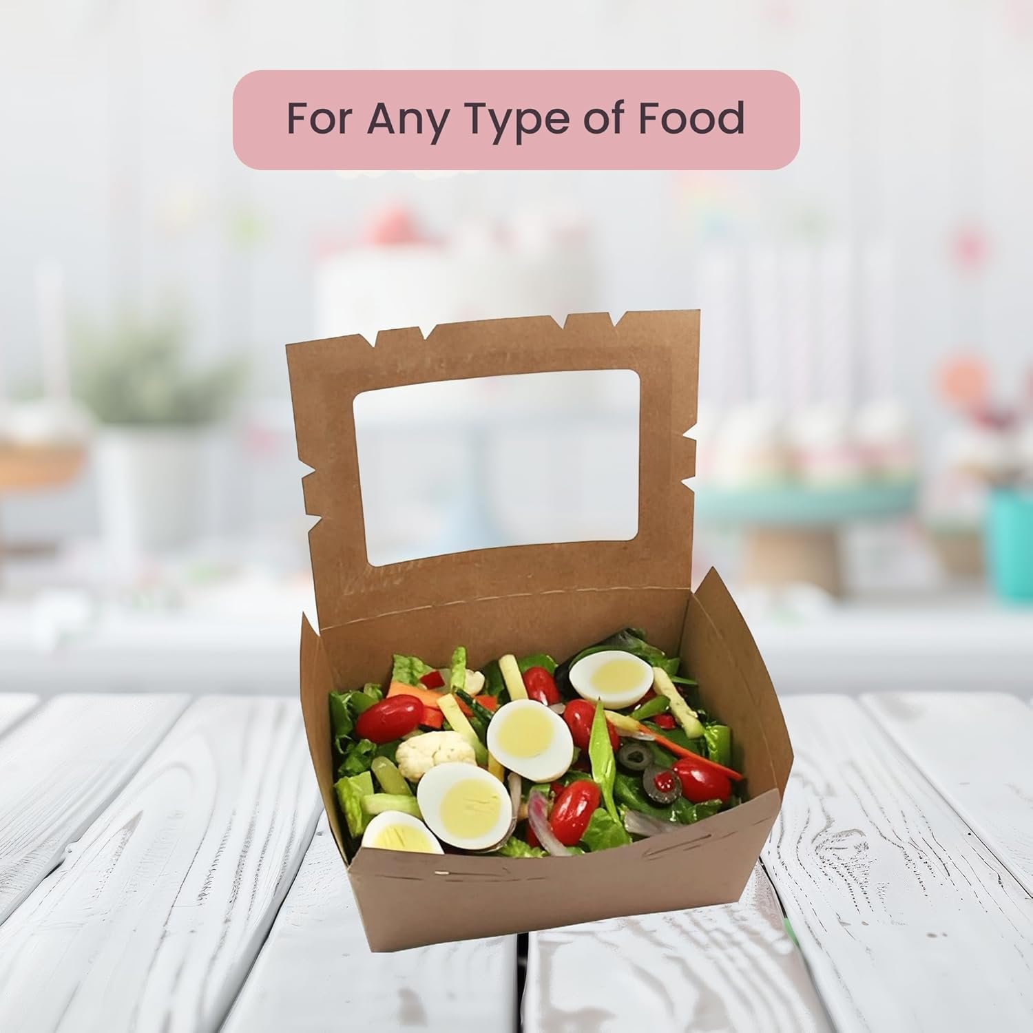 Grossiste de Cartons Kraft à Fenêtre pour Café, Boîtes en Papier Jetables pour Aliments à Emporter, Taille 7 3⁄4” x 5 1⁄2” x 3 1⁄2”, Logo Personnalisé, Fournisseur en Vrac, Pack de 15