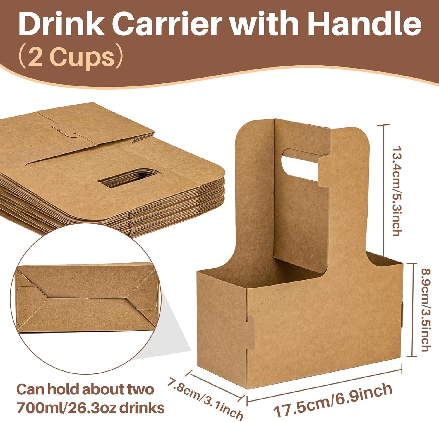Grossiste porte-gobelet jetable en carton pour 2 tasses avec poignée, 12 pièces, accessoires de livraison alimentaire, OEM pour boissons chaudes/froides, présentation pratique, marque blanche.
