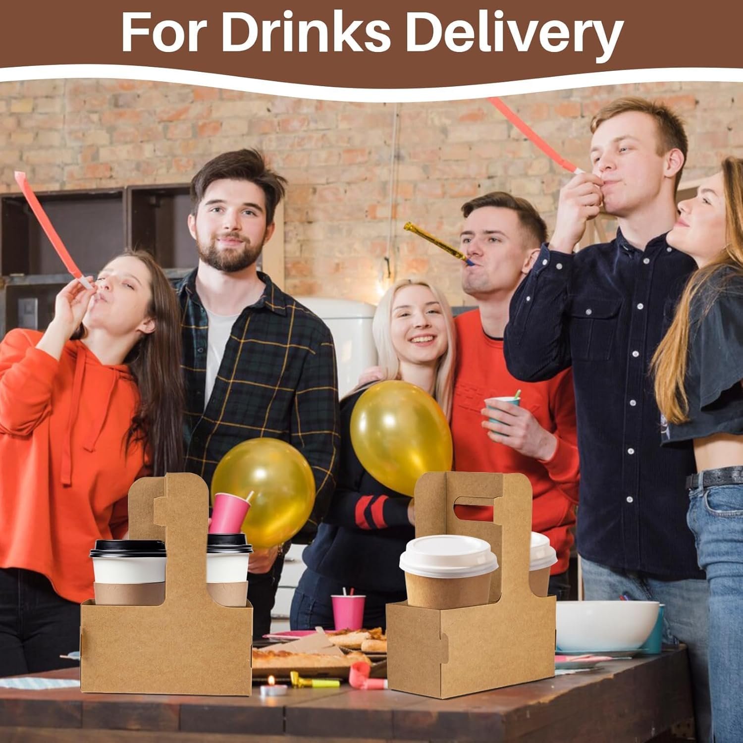 Grossiste porte-gobelet jetable en carton pour 2 tasses avec poignée, 12 pièces, accessoires de livraison alimentaire, OEM pour boissons chaudes/froides, présentation pratique, marque blanche.