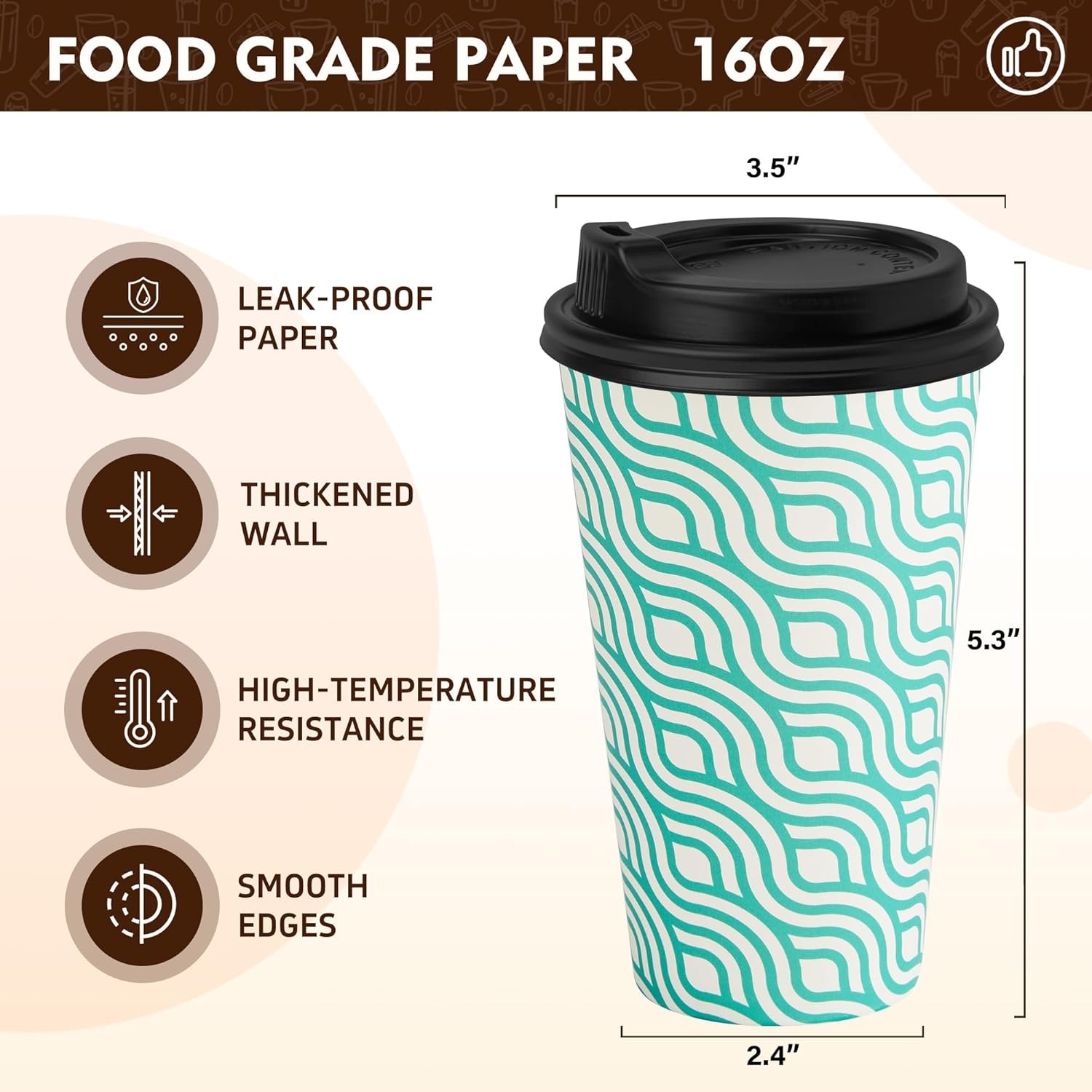 Grossiste 100 gobelets à café en papier de 16 oz avec couvercles, fournisseur de gobelets jetables verts, vente en gros de gobelets à emporter avec couvercle, logo personnalisé.