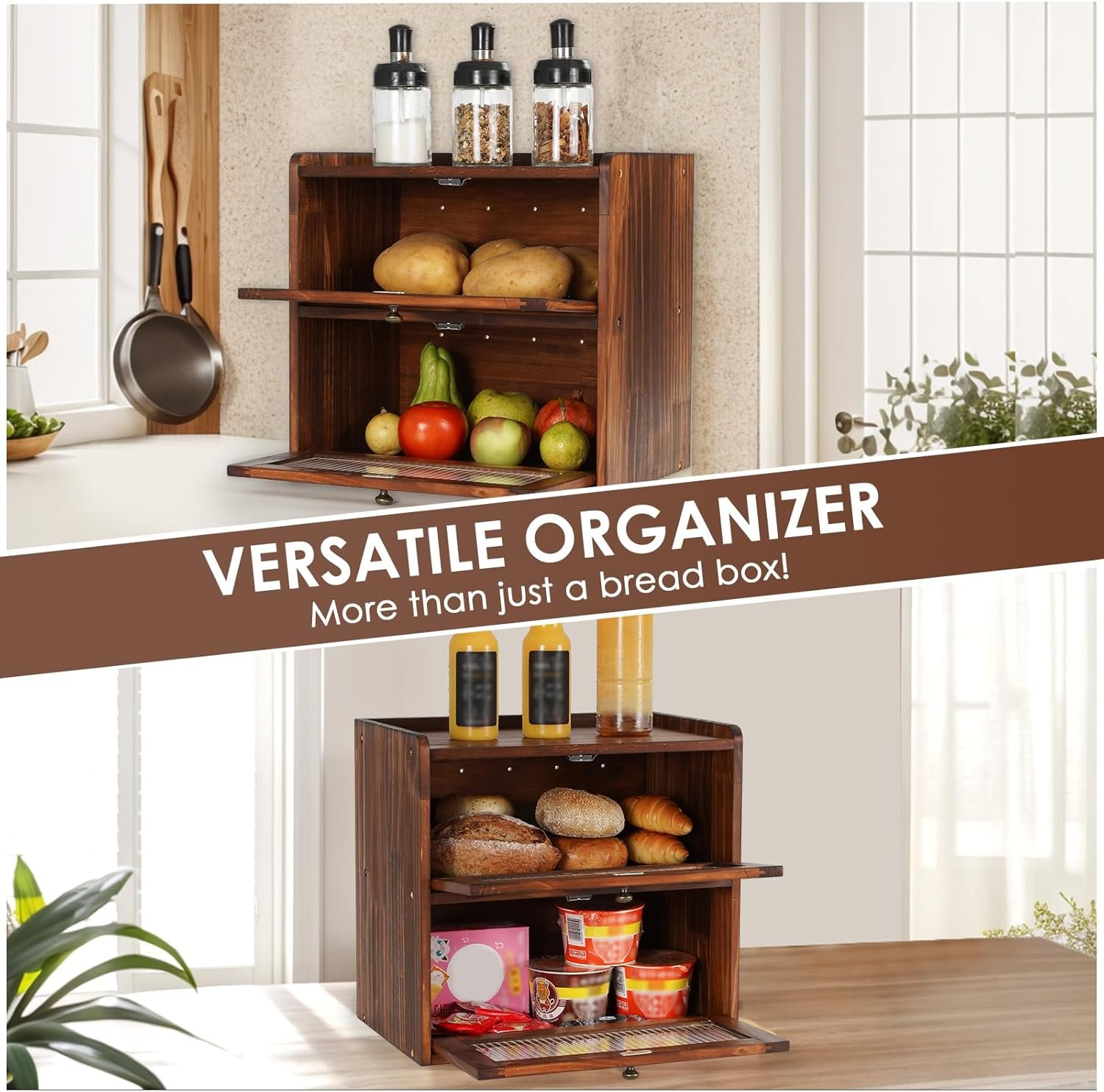 Grossiste Conteneur de Rangement en Bois pour Pain à 2 Niveaux avec Fenêtre Acrylique, Capacité Large et Design Vintage, Fournisseur d'Organisateur Alimentaire pour Comptoir de Cuisine, OEM