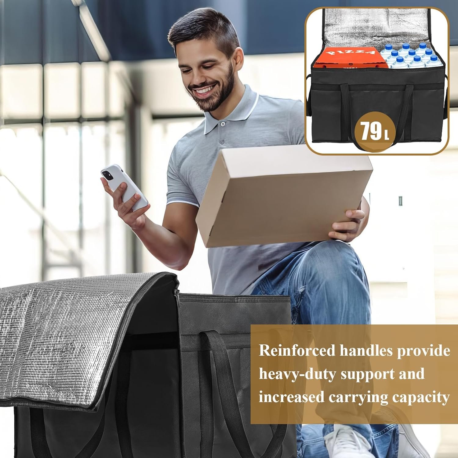 Grossiste Sacs Isolés pour Livraison Alimentaire XXXL, Fabricant de Sacs de Livraison de Pizza Grande Capacité, Logo Personnalisé pour Garder les Aliments au Chaud, Sac de Glace Pliable, Vente en Gros (Noir)