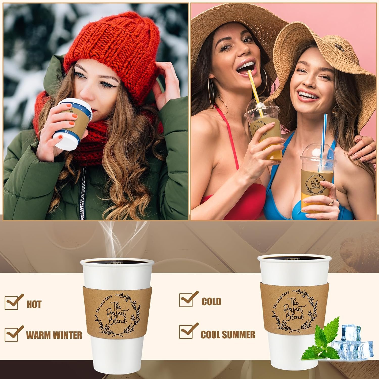 Grossiste 200 Pcs Manchons à Café Personnalisés pour Mariage en Vrac, Fournisseur de Manchons en Papier Kraft pour Tasses Chaudes 10-20 oz avec Logo Personnalisé, Favor de Mariage, Anniversaire, Baptême.