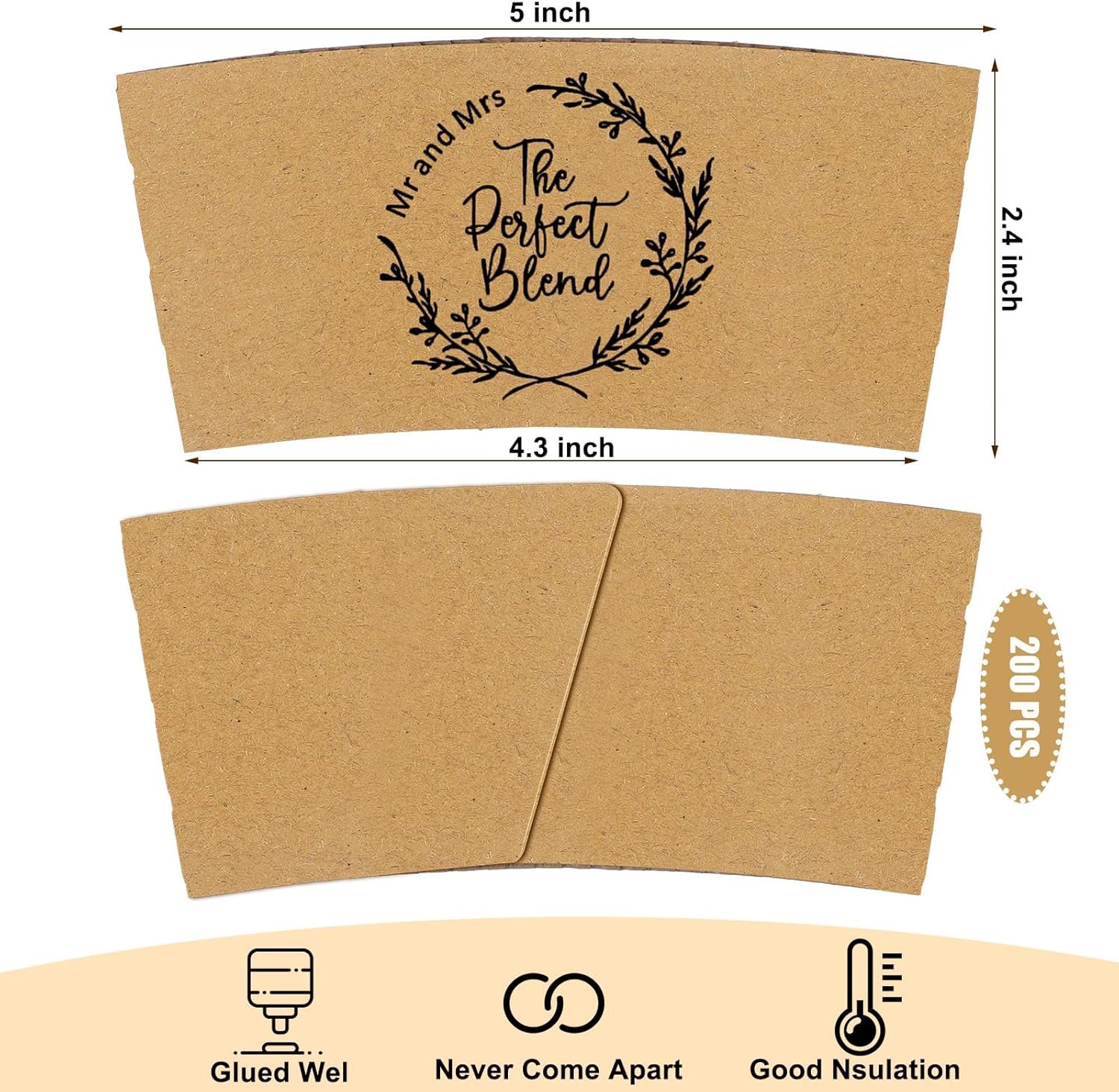 Grossiste 200 Pcs Manchons à Café Personnalisés pour Mariage en Vrac, Fournisseur de Manchons en Papier Kraft pour Tasses Chaudes 10-20 oz avec Logo Personnalisé, Favor de Mariage, Anniversaire, Baptême.