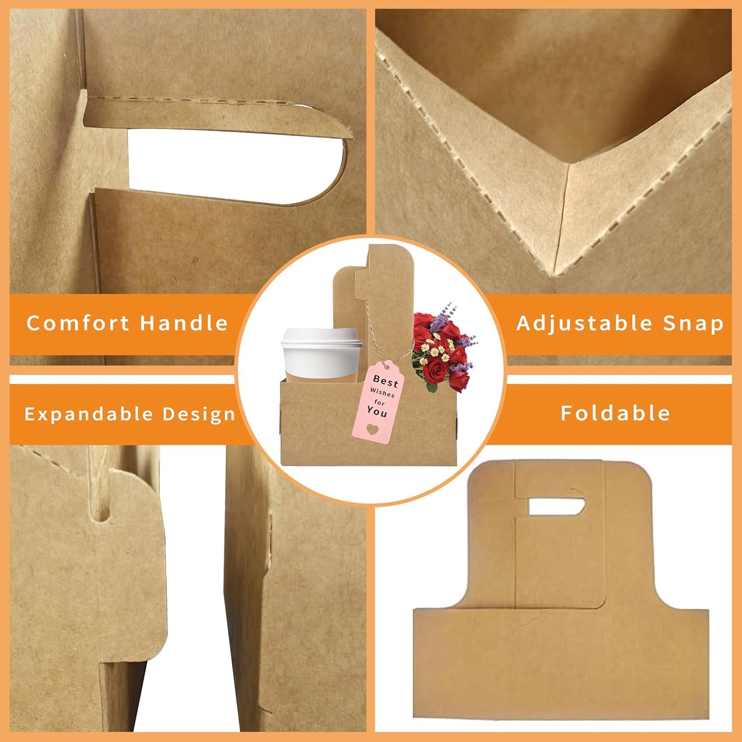 Grossiste 2 Porte-gobelets pour boissons, 8 porte-gobelets en carton pour café avec poignée, OEM pour boissons chaudes ou froides, support à café avec ruban et carte pour services de livraison alimentaire et bouquet (Kraft)