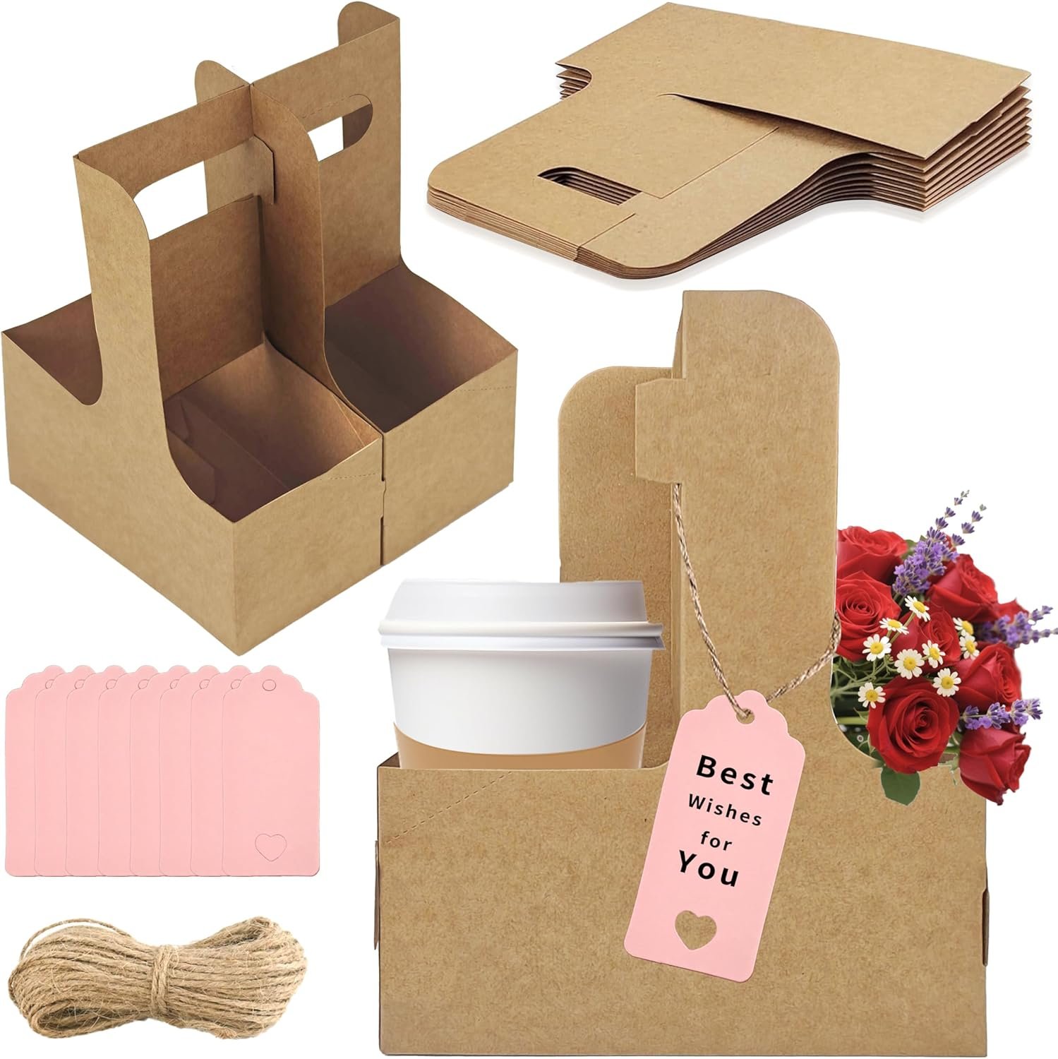 Grossiste 2 Porte-gobelets pour boissons, 8 porte-gobelets en carton pour café avec poignée, OEM pour boissons chaudes ou froides, support à café avec ruban et carte pour services de livraison alimentaire et bouquet (Kraft)