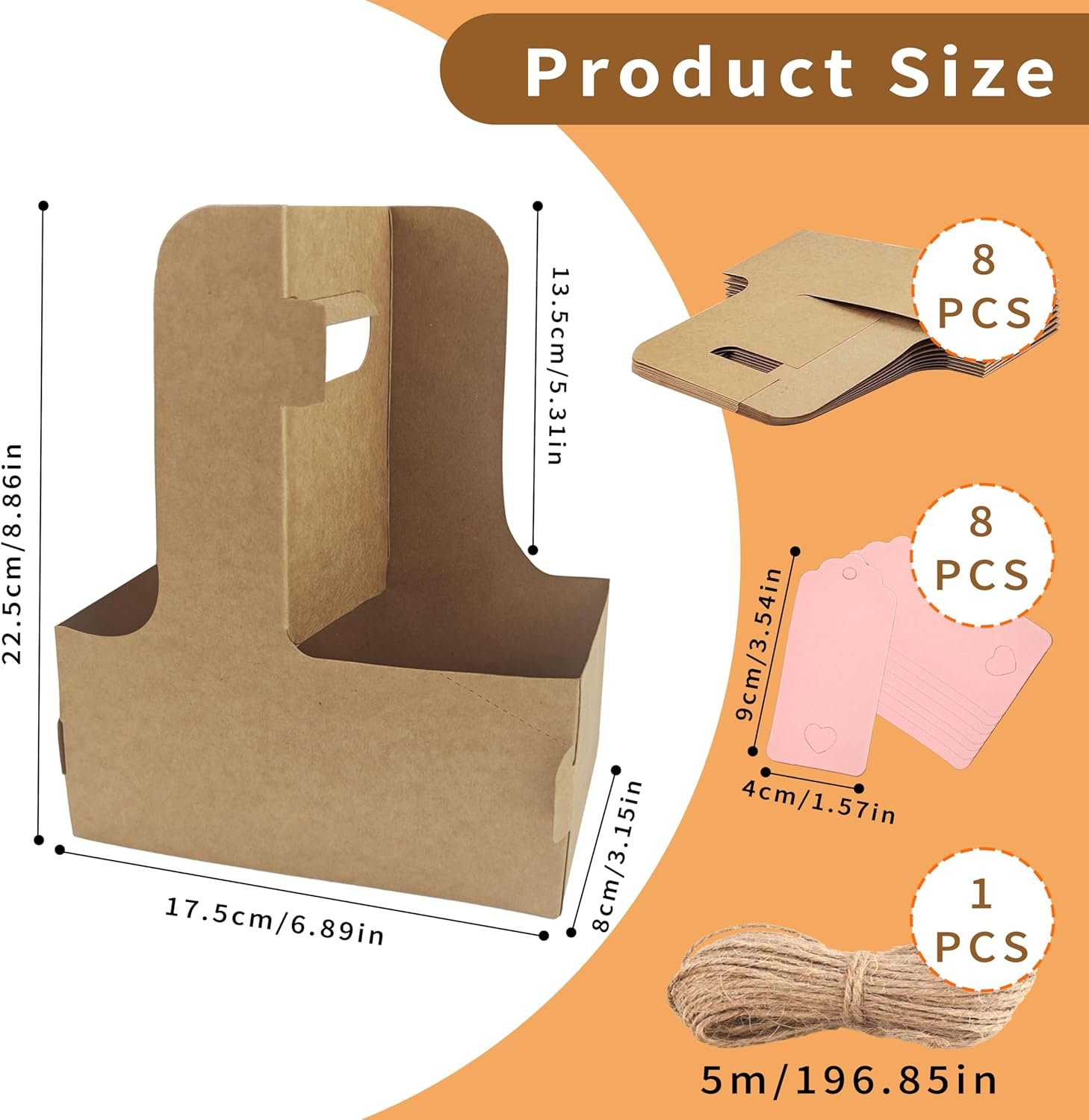 Grossiste 2 Porte-gobelets pour boissons, 8 porte-gobelets en carton pour café avec poignée, OEM pour boissons chaudes ou froides, support à café avec ruban et carte pour services de livraison alimentaire et bouquet (Kraft)