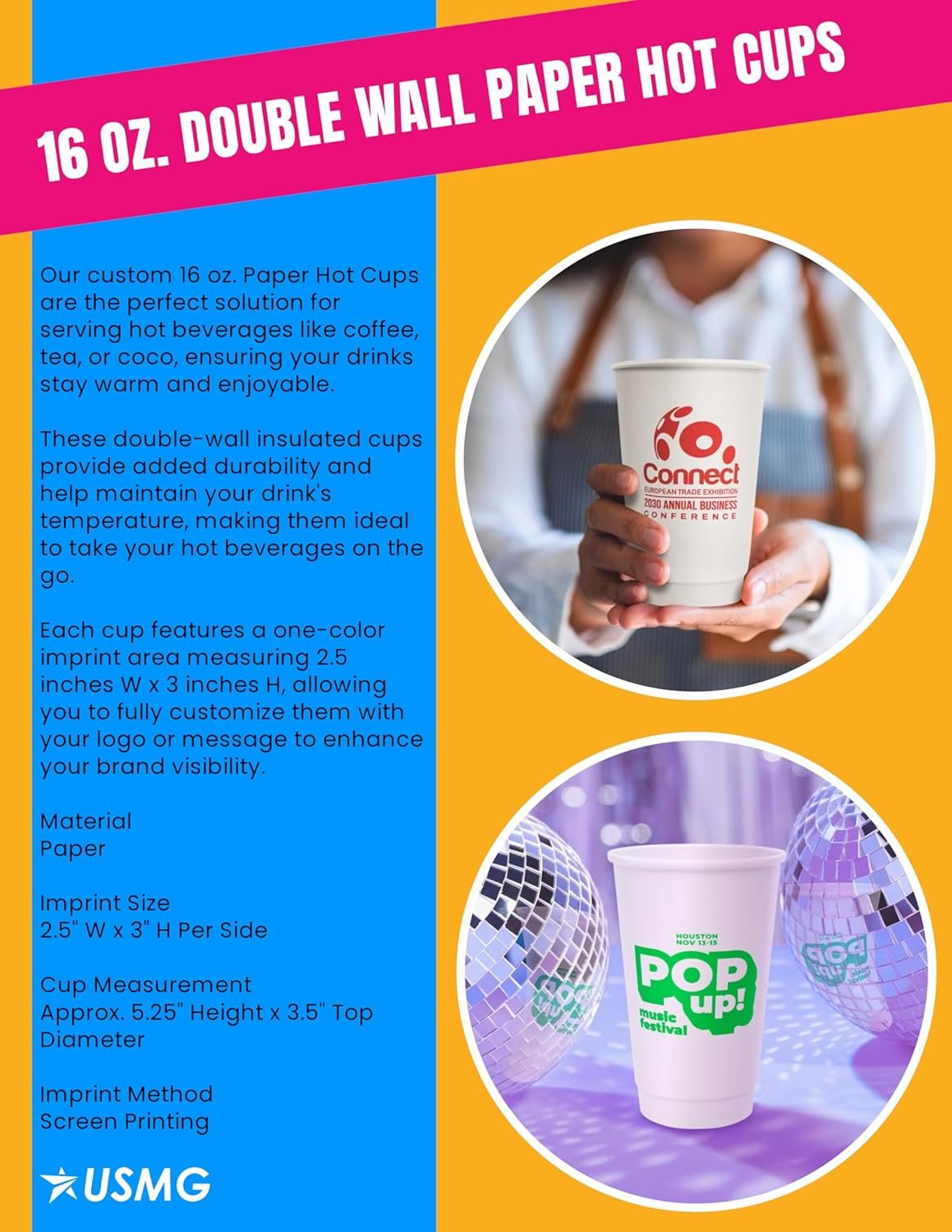 Grossiste gobelets en papier personnalisés à double paroi 16 oz avec logo, boissons chaudes ou froides, pour événements, marque blanche, quantité 100.