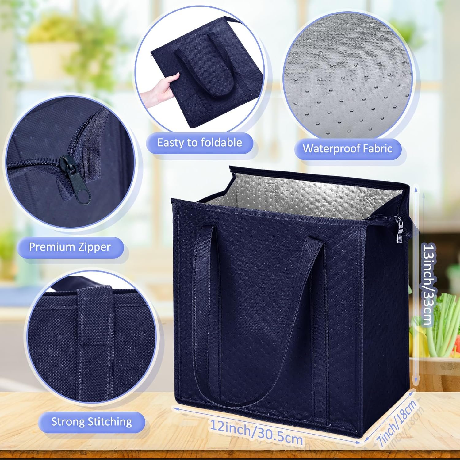Grossiste Sacs de Courses Isothermes Réutilisables avec Fermeture Éclair 13 x 12 x 7 Pouces, Totes Thermiques en Vrac avec Poignées pour Livraison de Nourriture Chaude ou Froide - Fabricant en Bleu Marine
