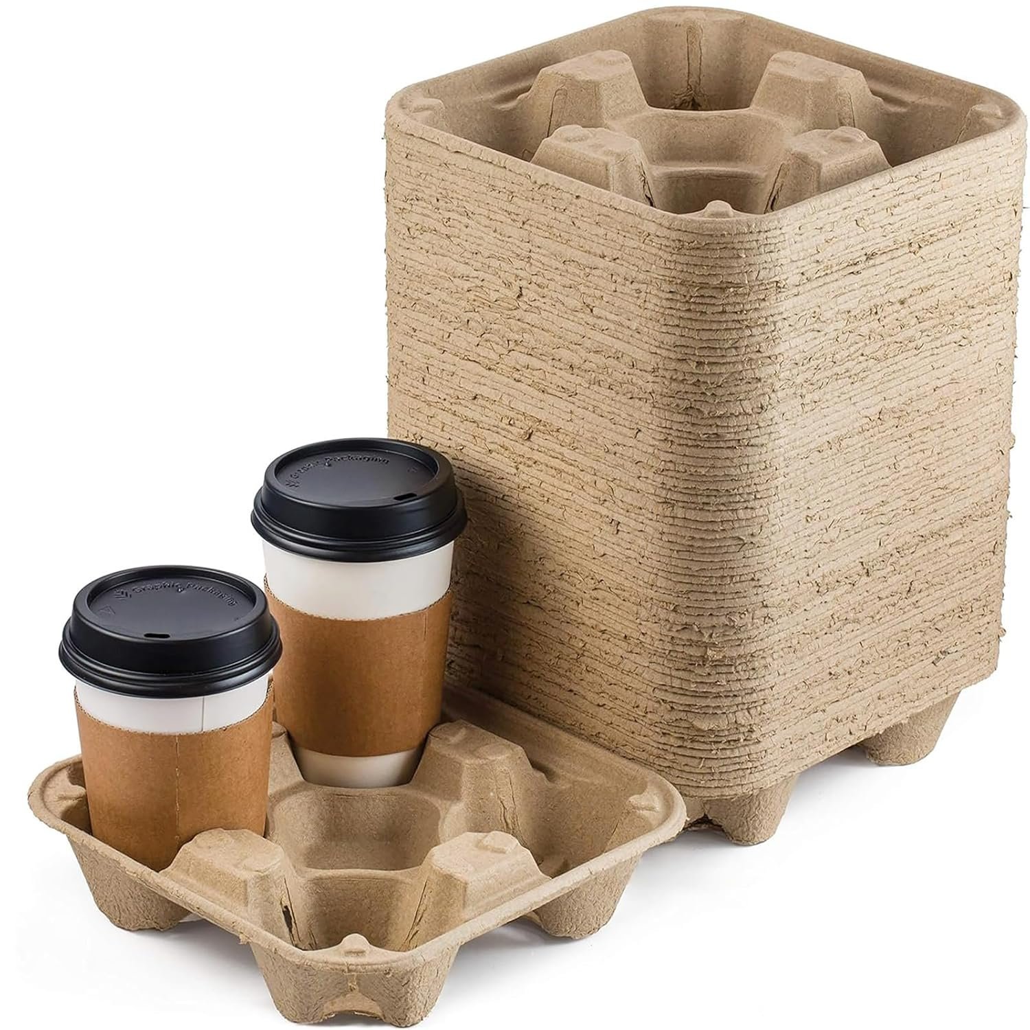 Grossiste de porte-gobelet jetables 4 tasses, support en pulpe de fibre compostable pour gobelets de 8 à 32 oz, idéal pour le service de livraison, logo personnalisé, fournisseur durable pour cafés à emporter.