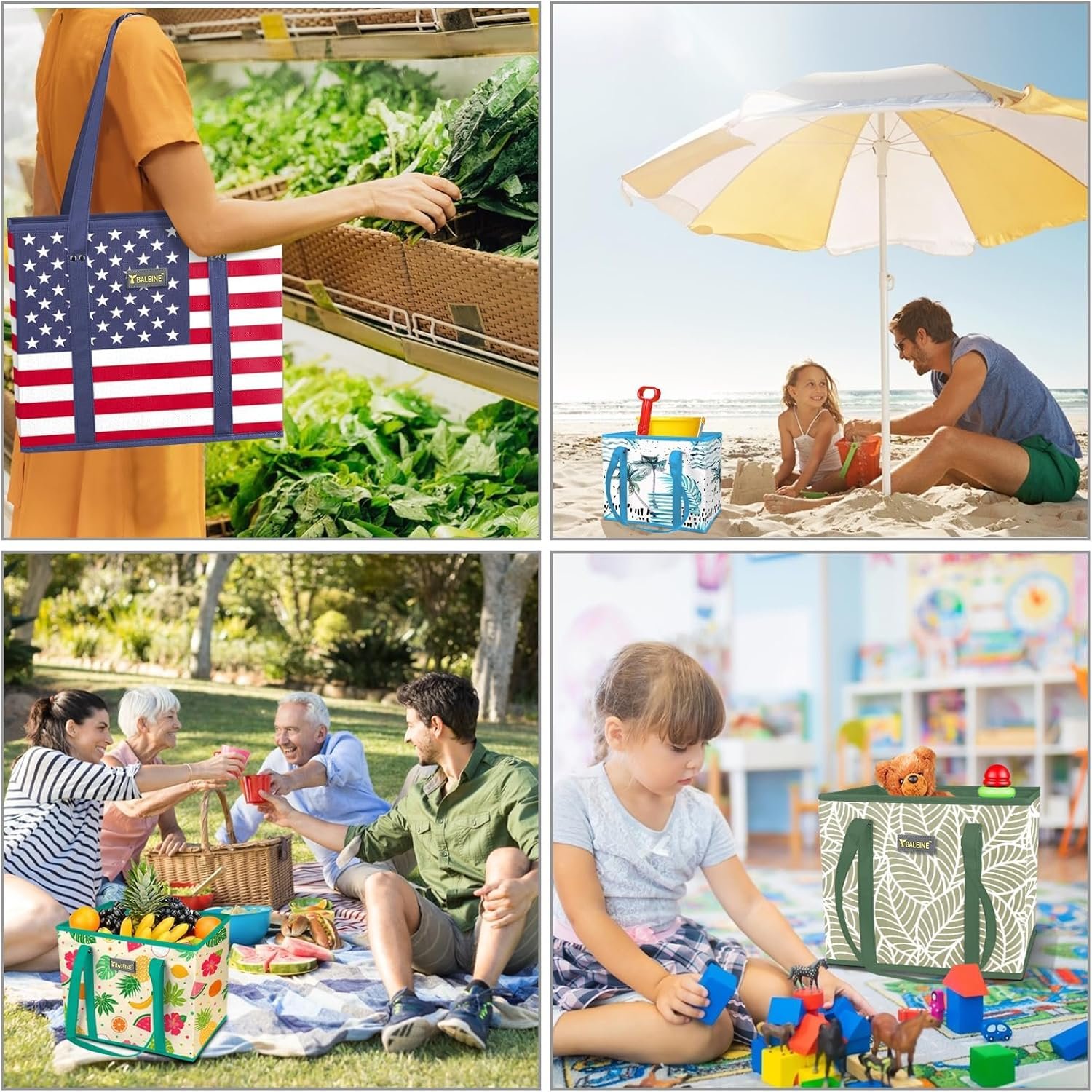 Grossiste en sacs de courses réutilisables, sacs de shopping pliables avec fond renforcé et poignées pour les courses, fournisseur de solutions OEM, vente en gros avec designs de rennes.