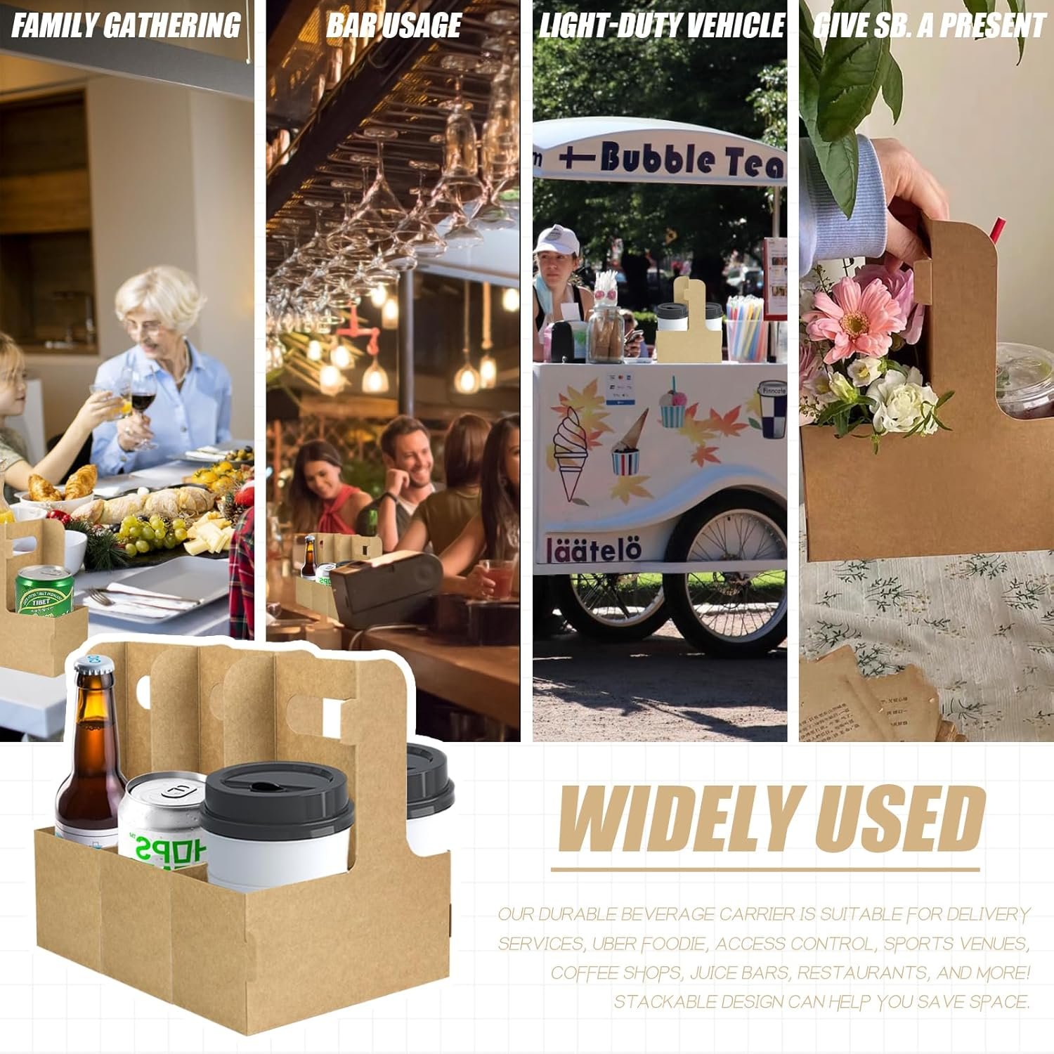 Grossiste en porte-gobelets en carton kraft 15 pièces avec poignée pour livraison, transport de boissons chaudes ou froides, marque blanche de support à café, solutions de livraison alimentaire.