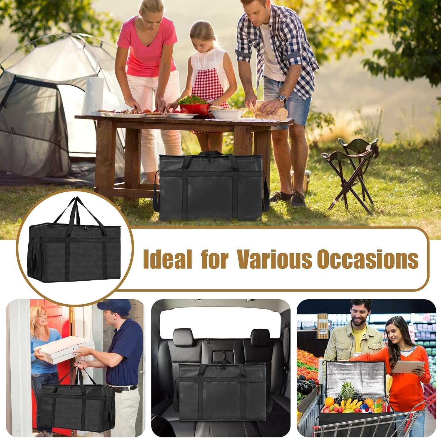 Grossiste Sacs Isolés pour Livraison Alimentaire XXXL, Fabricant de Sacs de Livraison de Pizza Grande Capacité, Logo Personnalisé pour Garder les Aliments au Chaud, Sac de Glace Pliable, Vente en Gros (Noir)