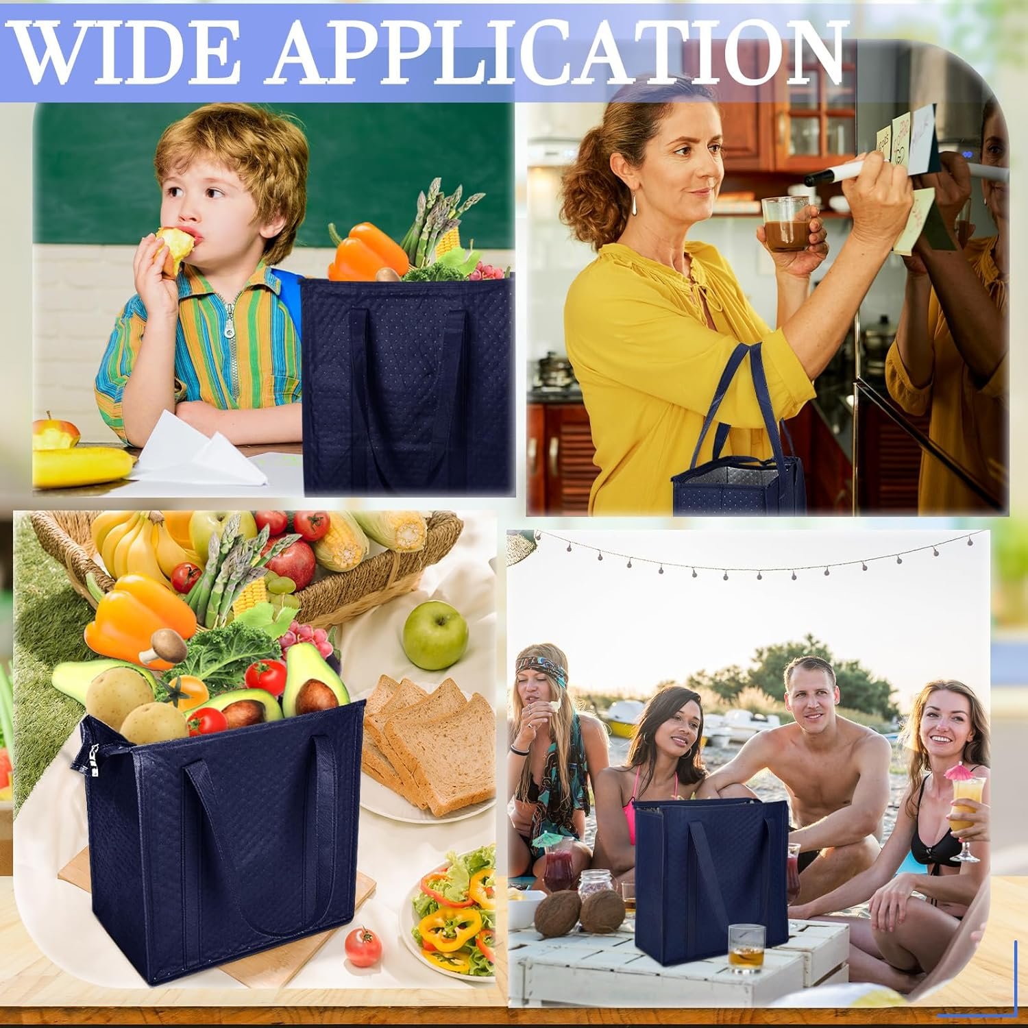 Grossiste Sacs de Courses Isothermes Réutilisables avec Fermeture Éclair 13 x 12 x 7 Pouces, Totes Thermiques en Vrac avec Poignées pour Livraison de Nourriture Chaude ou Froide - Fabricant en Bleu Marine