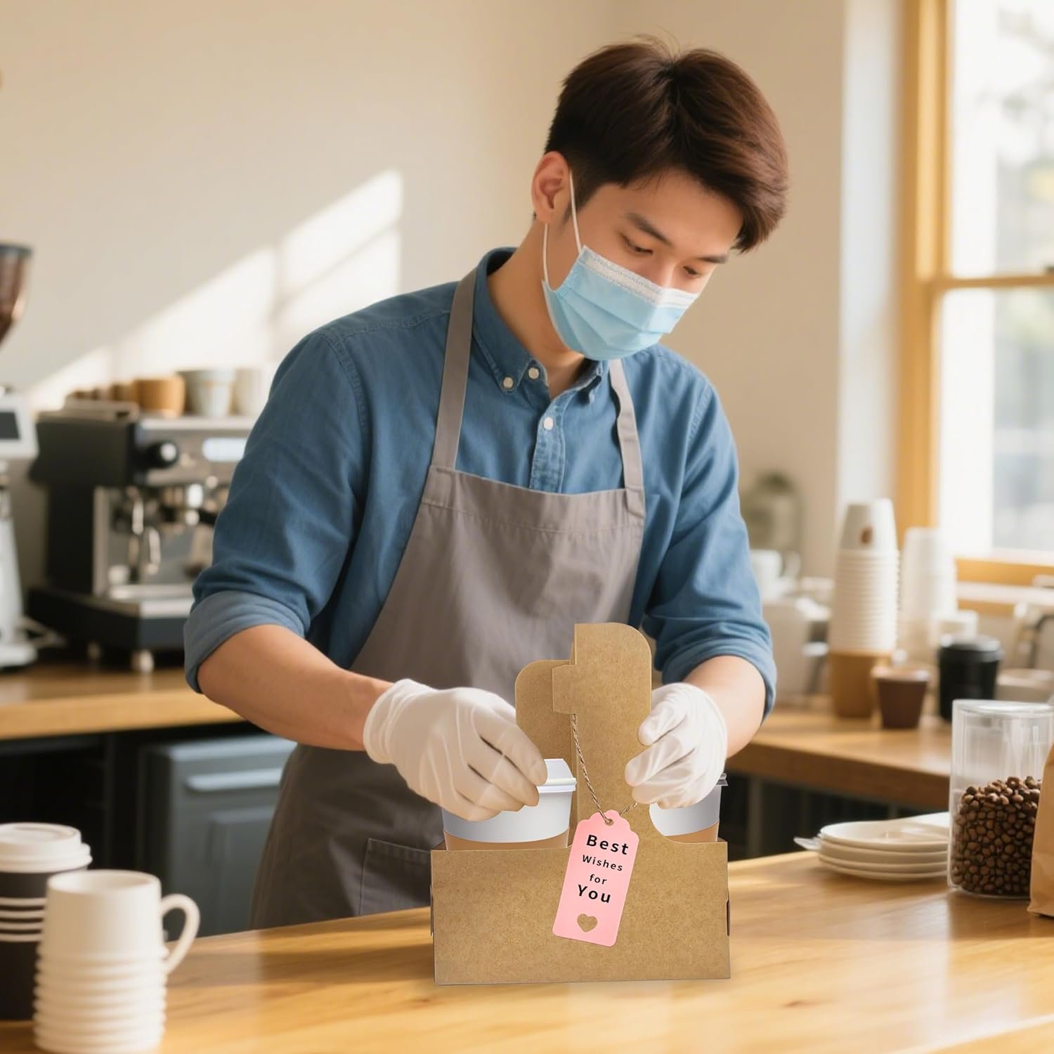 Grossiste 2 Porte-gobelets pour boissons, 8 porte-gobelets en carton pour café avec poignée, OEM pour boissons chaudes ou froides, support à café avec ruban et carte pour services de livraison alimentaire et bouquet (Kraft)
