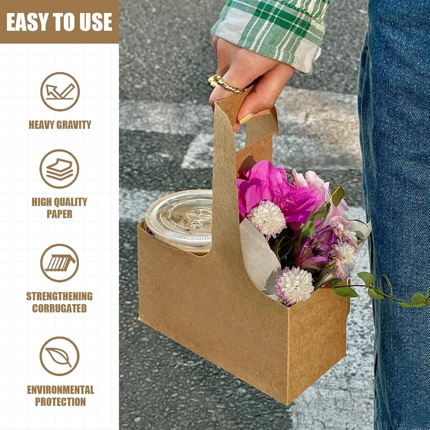 Grossiste en porte-gobelets en carton kraft 15 pièces avec poignée pour livraison, transport de boissons chaudes ou froides, marque blanche de support à café, solutions de livraison alimentaire.