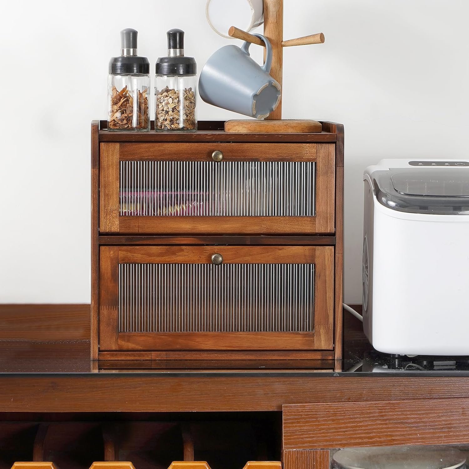 Grossiste Conteneur de Rangement en Bois pour Pain à 2 Niveaux avec Fenêtre Acrylique, Capacité Large et Design Vintage, Fournisseur d'Organisateur Alimentaire pour Comptoir de Cuisine, OEM