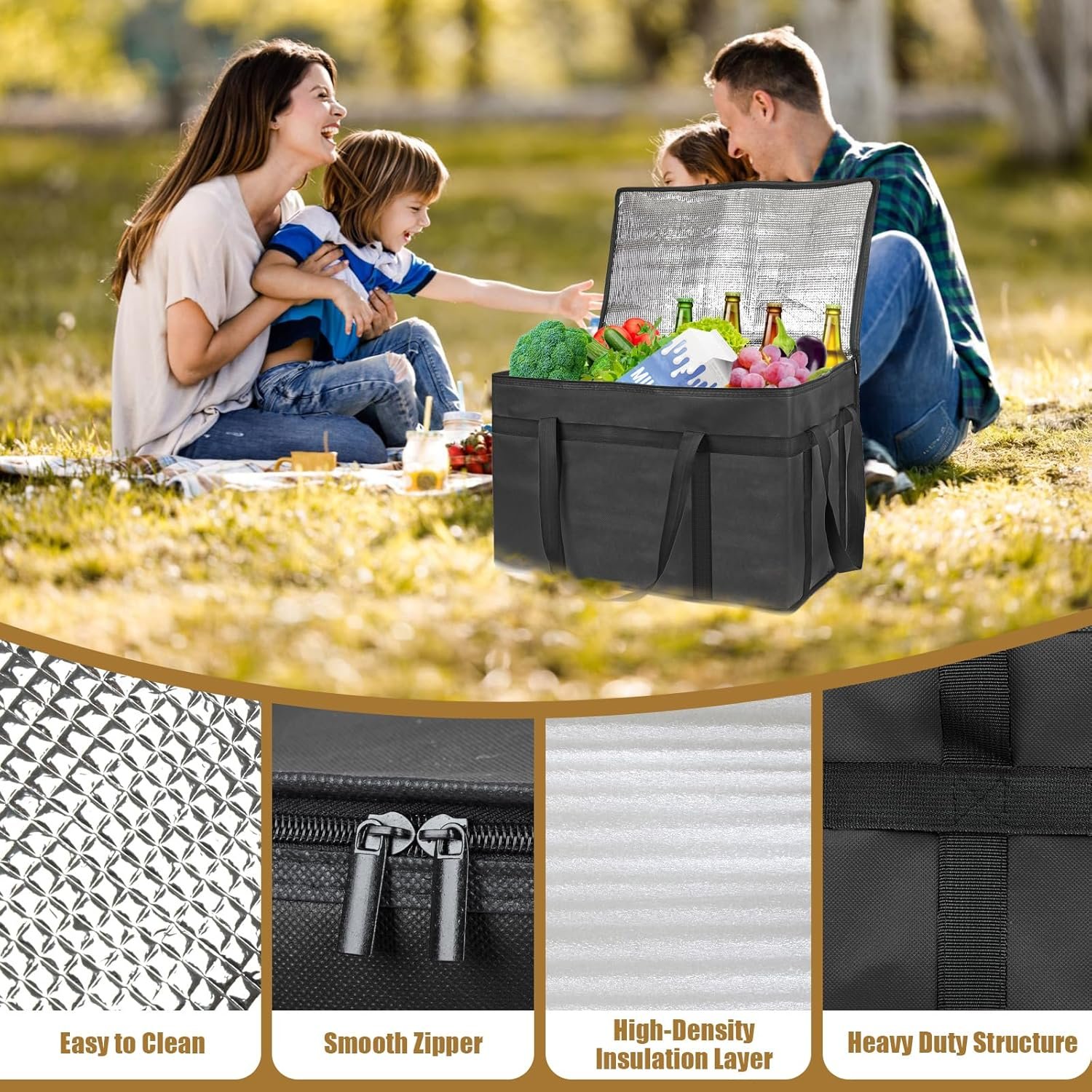 Grossiste Sacs Isolés pour Livraison Alimentaire XXXL, Fabricant de Sacs de Livraison de Pizza Grande Capacité, Logo Personnalisé pour Garder les Aliments au Chaud, Sac de Glace Pliable, Vente en Gros (Noir)