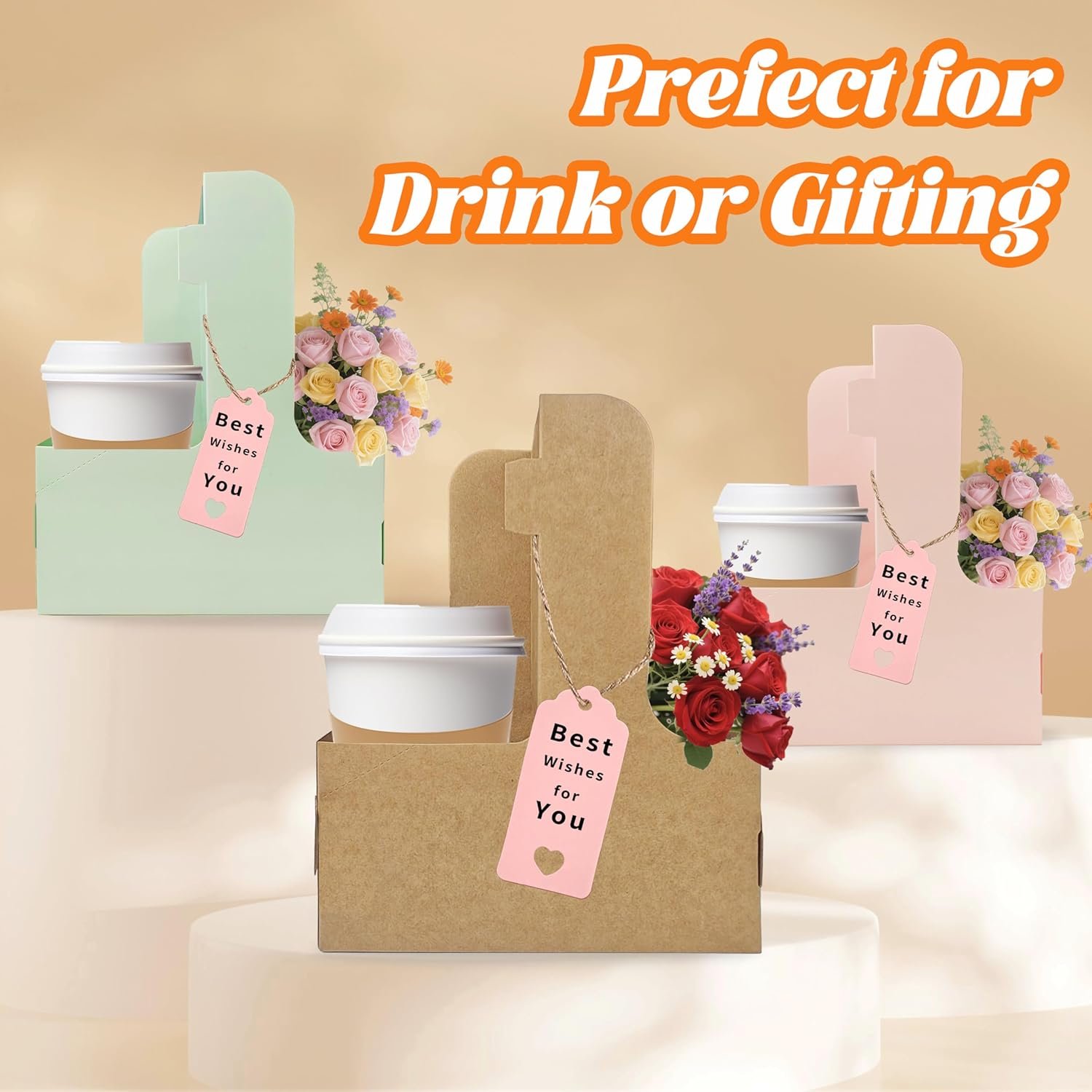 Grossiste 2 Porte-gobelets pour boissons, 8 porte-gobelets en carton pour café avec poignée, OEM pour boissons chaudes ou froides, support à café avec ruban et carte pour services de livraison alimentaire et bouquet (Kraft)