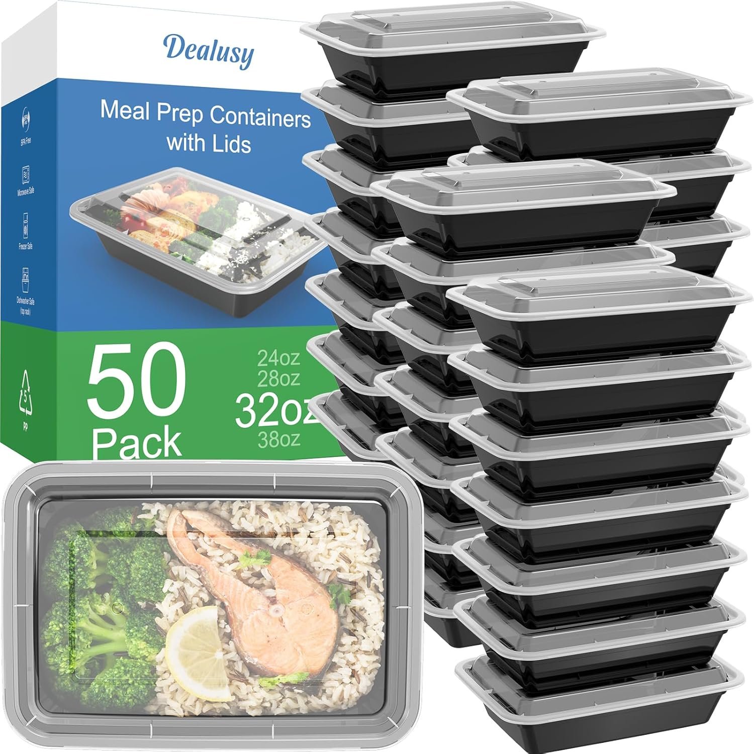 50 Pack de contenants de préparation de repas de 32 oz (100 pièces) en plastique, robustes et étanches, sécurité alimentaire, parfaits pour le télétravail, vente en gros, fabriqué par un fournisseur fiable, logo personnalisé, adaptés pour micro-ondes, congélateur et lave-vaisselle.
