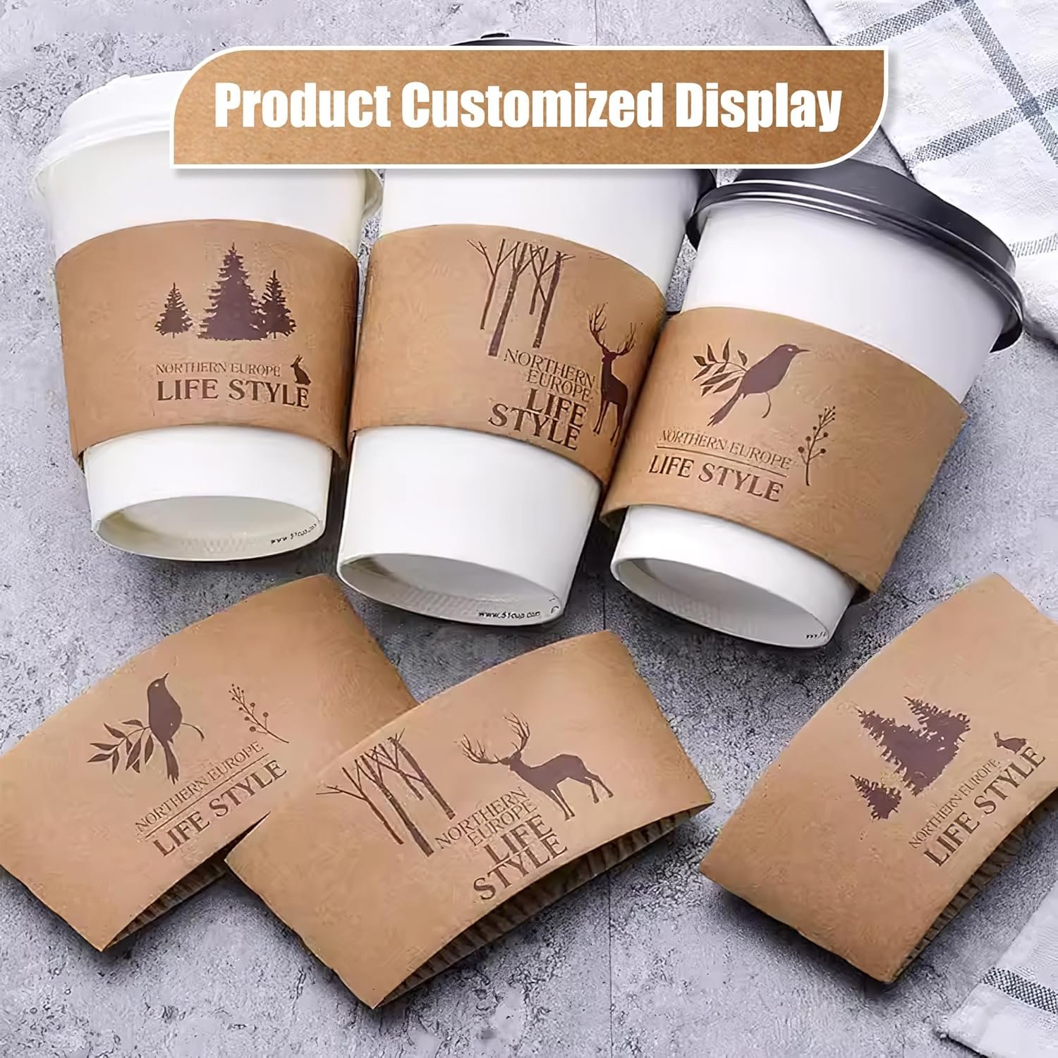 Grossiste de manchons à café personnalisés, logo personnalisé en papier ondulé pour tasses de 10-20 oz, fabricant de solutions en vrac, blanc/marron.