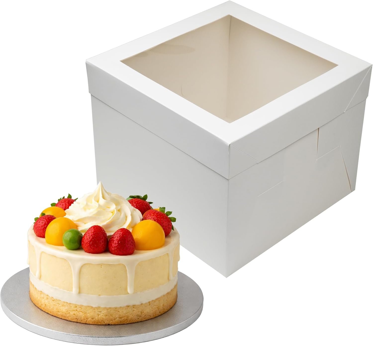 Boîte à gâteau blanche de 10 pouces avec fenêtre, vente en gros, comprenant un plateau en carton argenté de 1/2 pouce d'épaisseur, fabrication sur mesure, contenant jetable pour pâtisserie (10x10x8”).