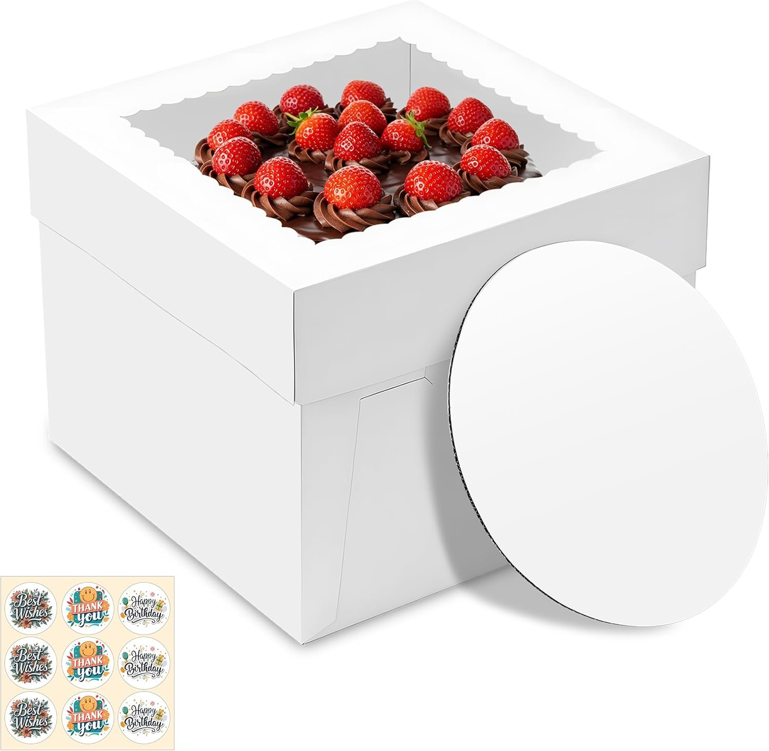 Boîte à gâteau carrée pour vente en gros avec fenêtre, 10x10x8 pouces, 7 pièces, contenant des planches à gâteaux, idéale pour les gâteaux, pâtisseries, cookies, desserts, anniversaires, Fête des Mères, mariages, et logo personnalisé. Fabricant fiable.