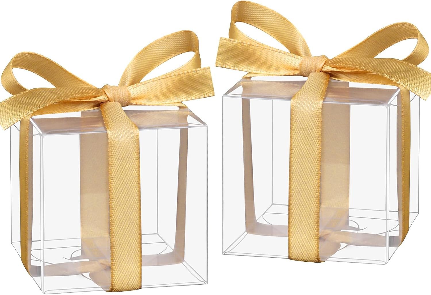 Boîte cadeau en plastique transparent 2x2x2 pouces, gros fournisseur d'articles de fête avec ruban doré, boîte macramé pour mariage, baptêmes et Noël, OEM disponible.