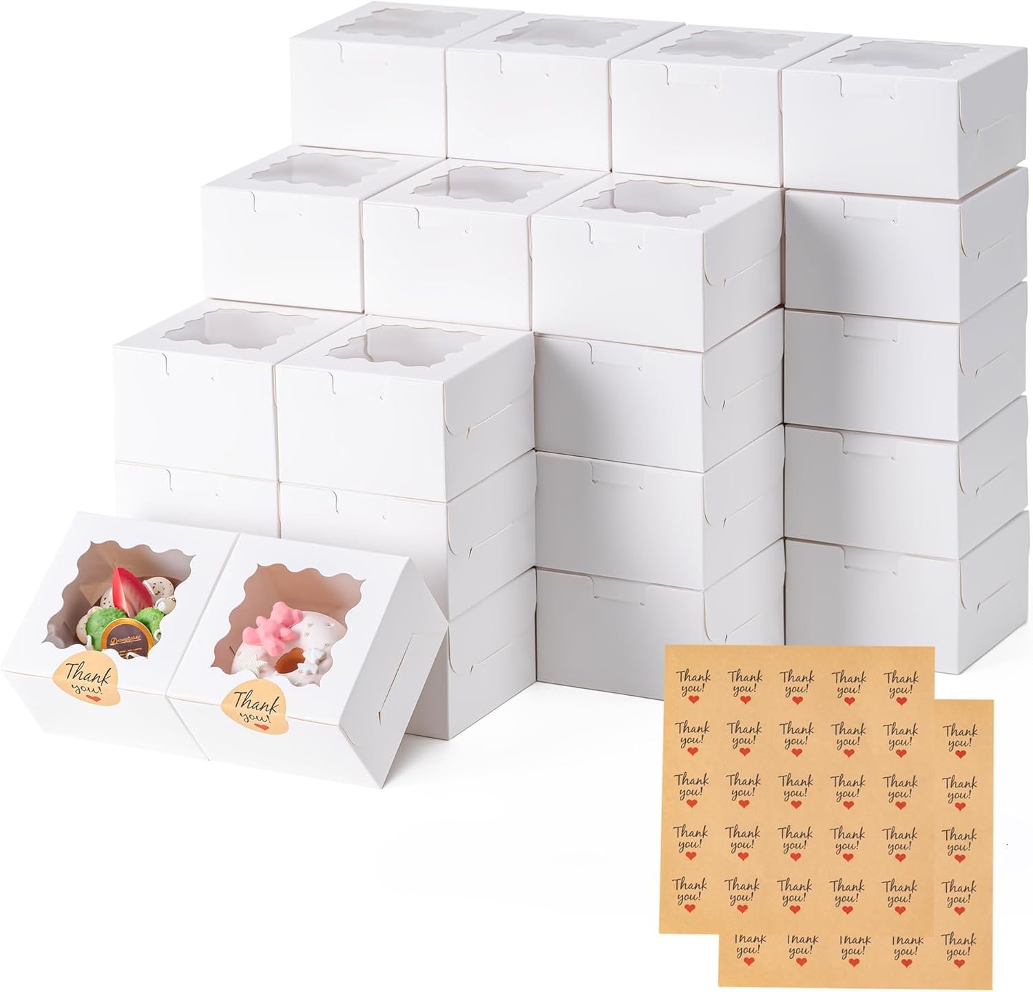 Boîtes à cookies en gros avec fenêtre, 50pcs de 4x4x2,5 pouces, fabriquées par un fournisseur, avec 50 autocollants personnalisés pour biscuits, pâtisseries, desserts, bonbons et mini gâteaux (blanc)