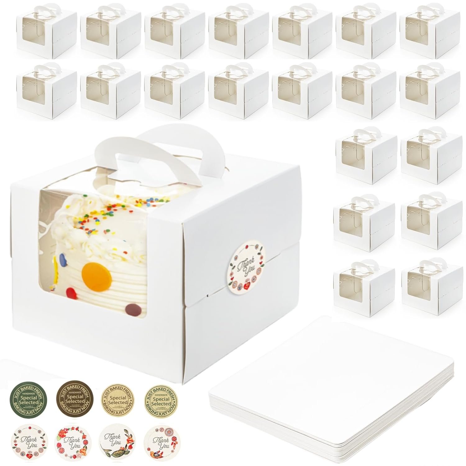 Boîtes à gâteaux en vrac, 40 pack (20 boîtes + 20 cartons), 7,8 x 7,8 x 5,7 pouces, contenants carrés jetables avec fenêtre transparente, Logo Personnalisé, Fabricant, idéal pour gâteaux, donuts et tartes.