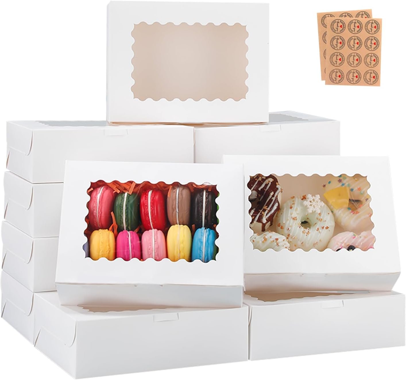 Boîtes à pâtisserie blanches de 50pcs 8x6x2.5 pouces, vente en gros, logo personnalisé, fabriquées par un fournisseur spécialisé, parfaites pour les fraises en chocolat, muffins et autres douceurs.
