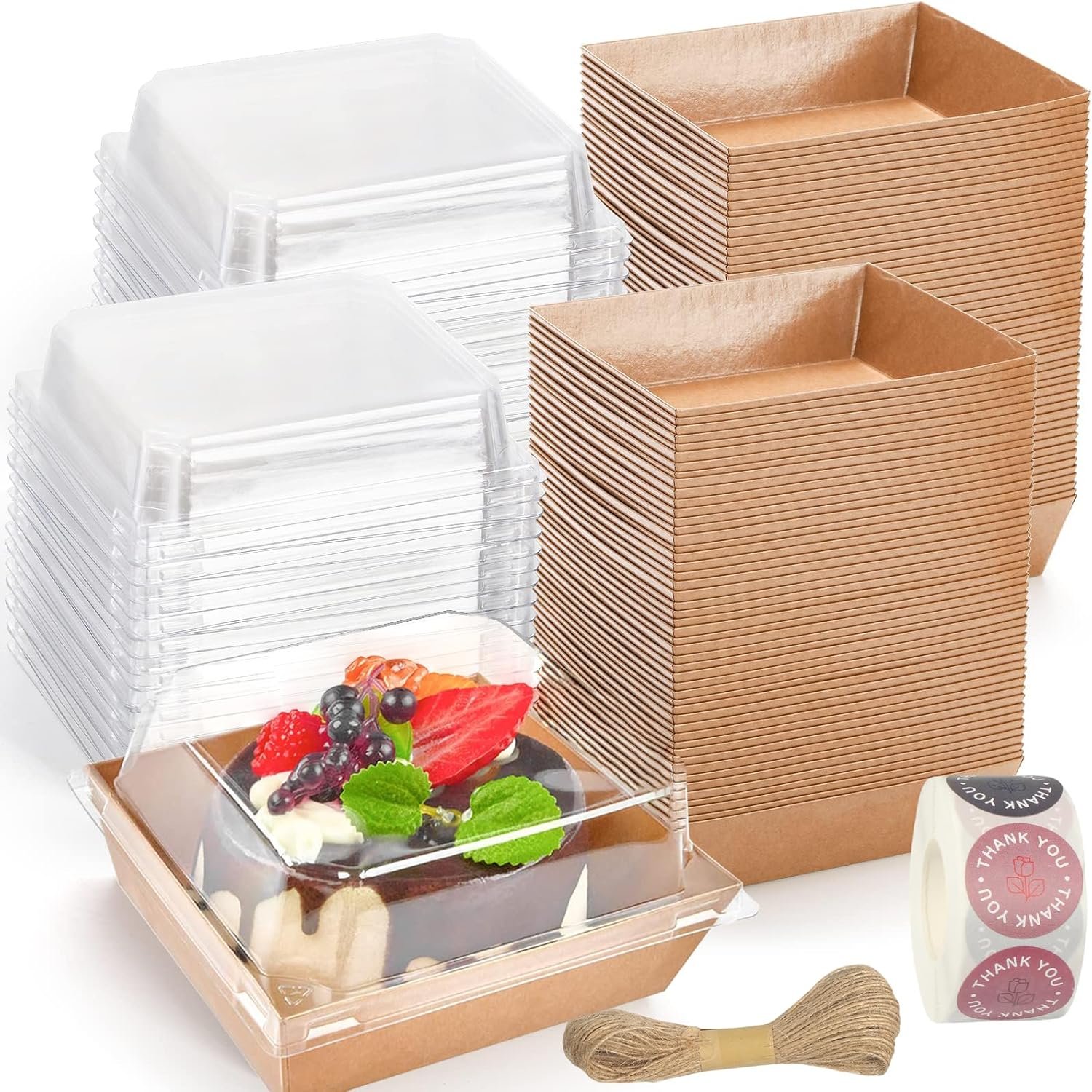 Boîtes de Charcuterie en Vrac, 100 Packs avec Couvercles Transparents, 5 Inch Kraft To Go, Contenants à Desserts Jetables en Brun pour Sandwich, Cookie, Tranche de Gâteau, Logo Personnalisé, Fabricant, Vente en Gros avec 500 Autocollants, Corde en Jute.