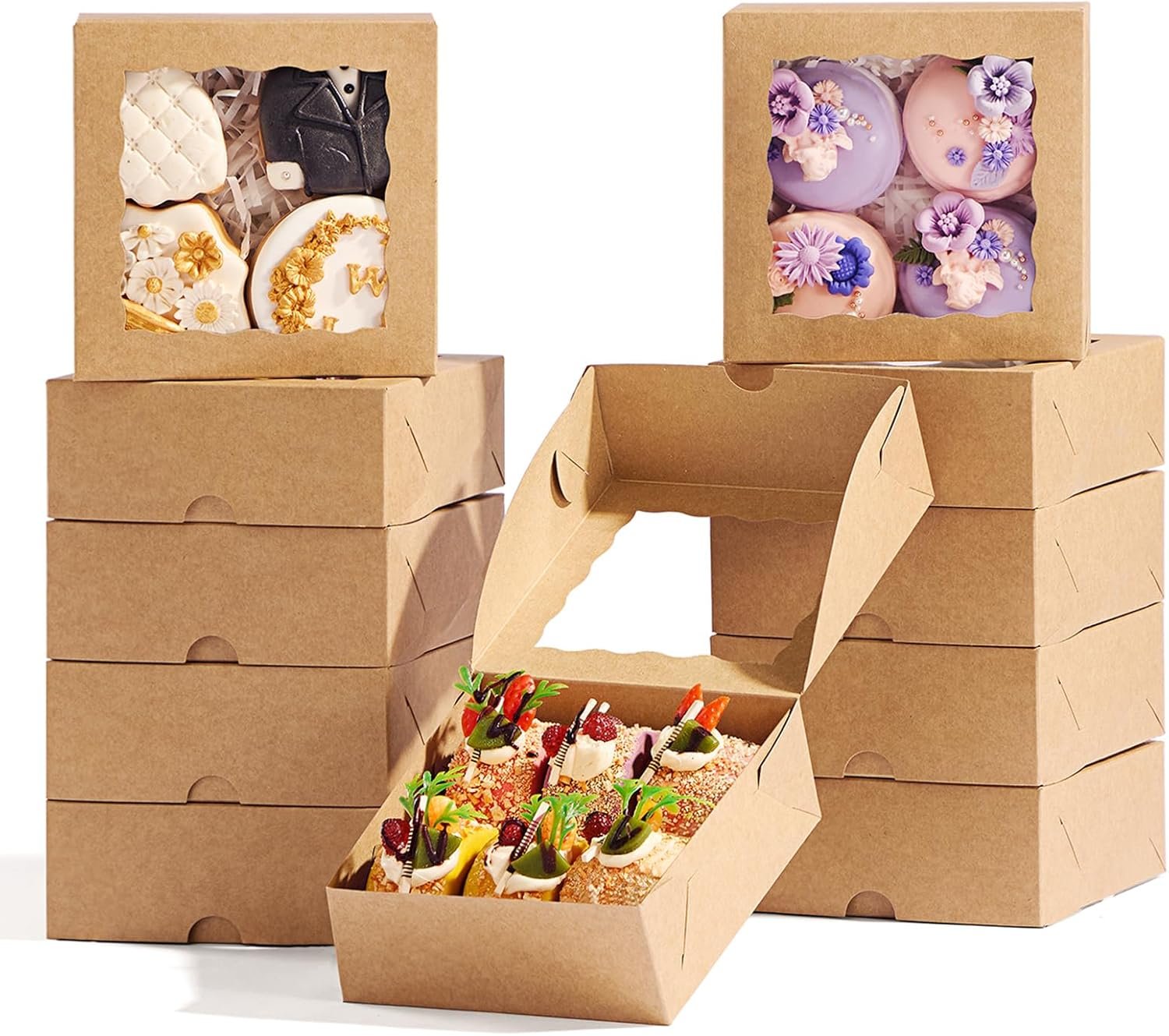 Boxes à Pâtisserie Vente en Gros de 20 Pcs 5x5x2 Pouces avec Fenêtre pour Cookies, Mini Gâteaux, Fraises Chocolatées, Macarons, Tartes et Brownies - Logo Personnalisé chez le Fabricant