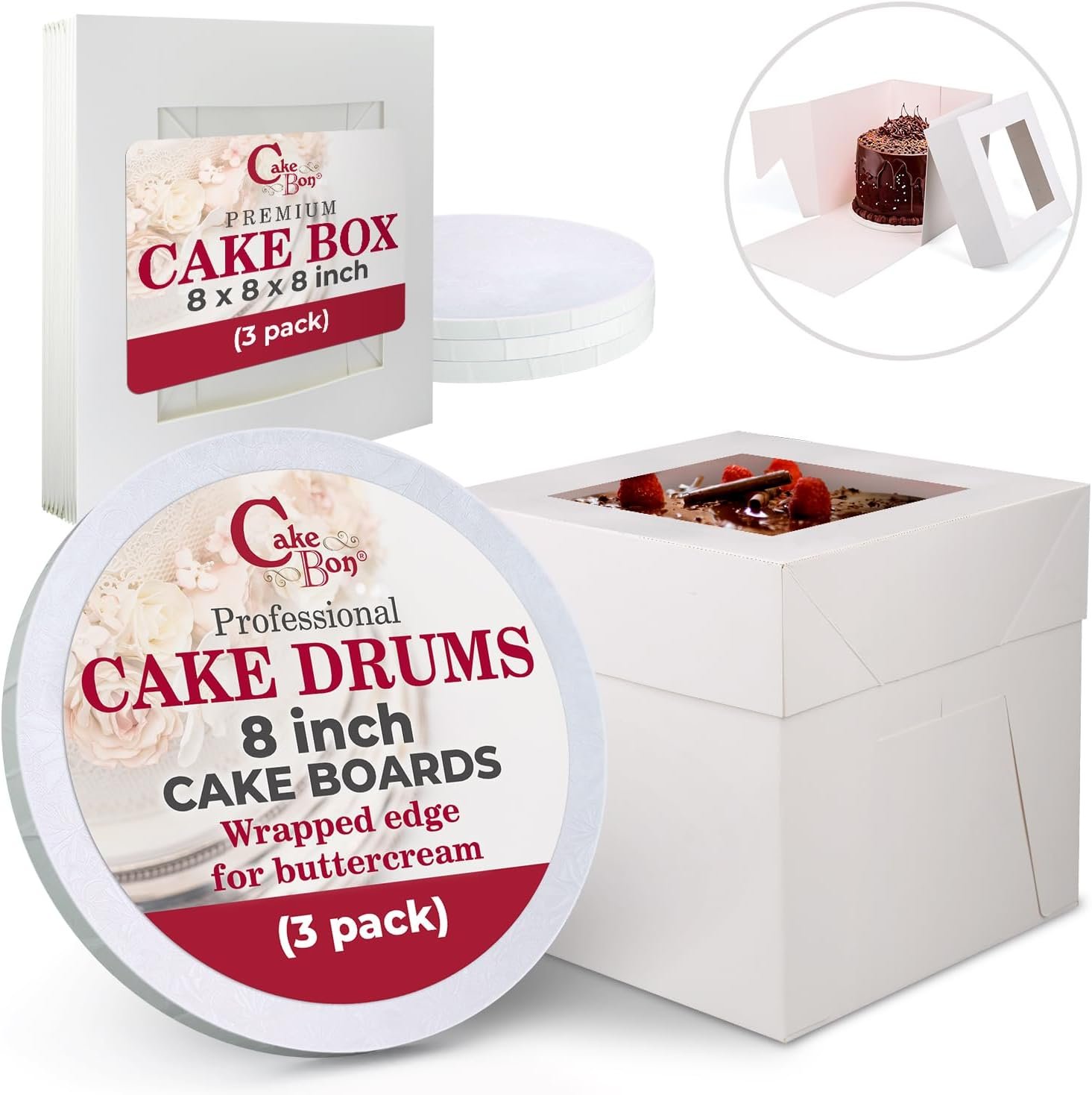 Caja pour Gâteaux - 8 Pouces Rond - Fenêtre pour Anniversaires, Mariages et Fêtes - Vente en Gros avec Logo Personnalisé - Usine de Fabrication de Boîtes en Carton (3-Pack)