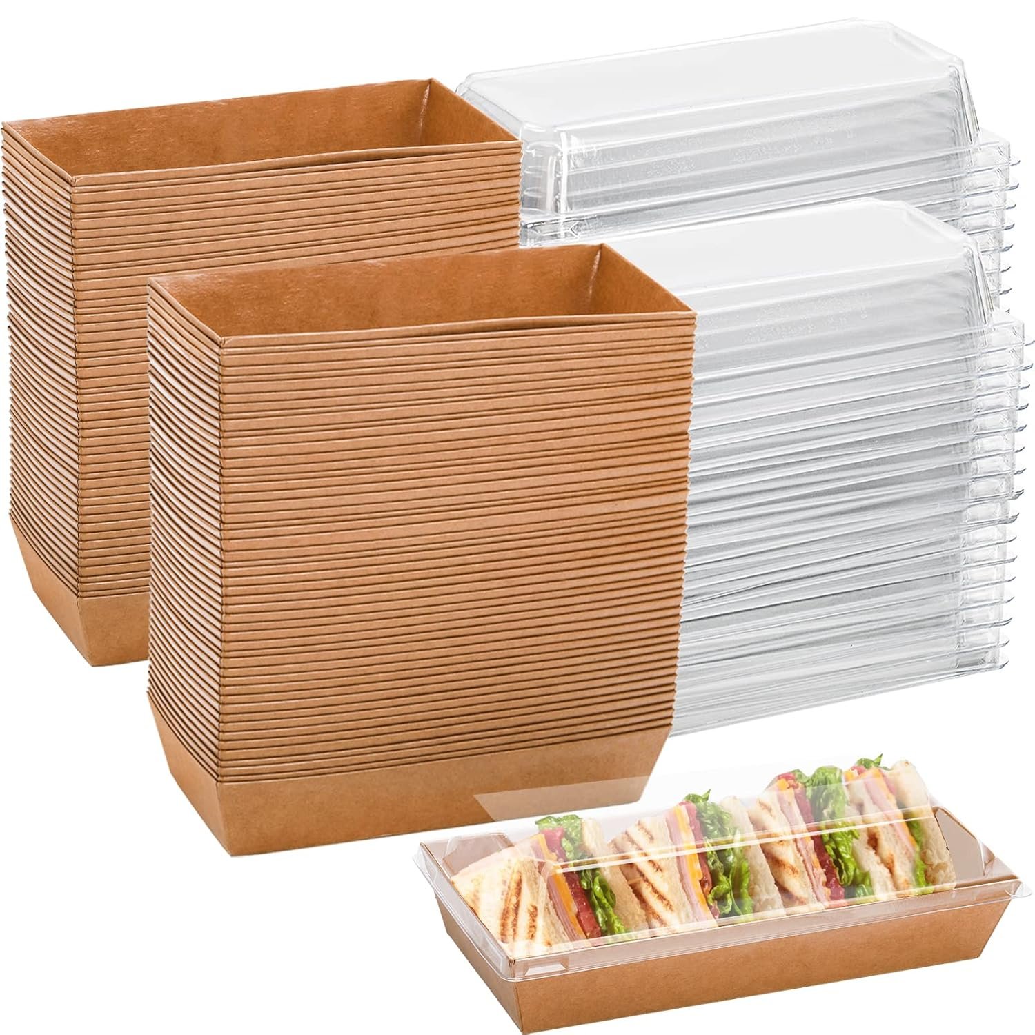 Containers à emporter en papier, 100 pièces, en vrac pour fabricants, emballages rectangulaires pour sushi et desserts, avec couvercles transparents, personnalisés pour les camions de restauration, gâteaux roulés, gaufres, biscuits et pains.