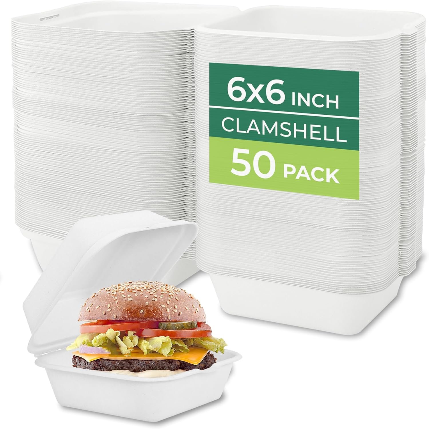Containers alimentaires jetables en vrac avec couvercles [6x6 50-Pack], fabriqués à partir de canne à sucre biodégradable - Récipients en papier, adaptés pour micro-ondes et congélation, avec logo personnalisé, empilables.