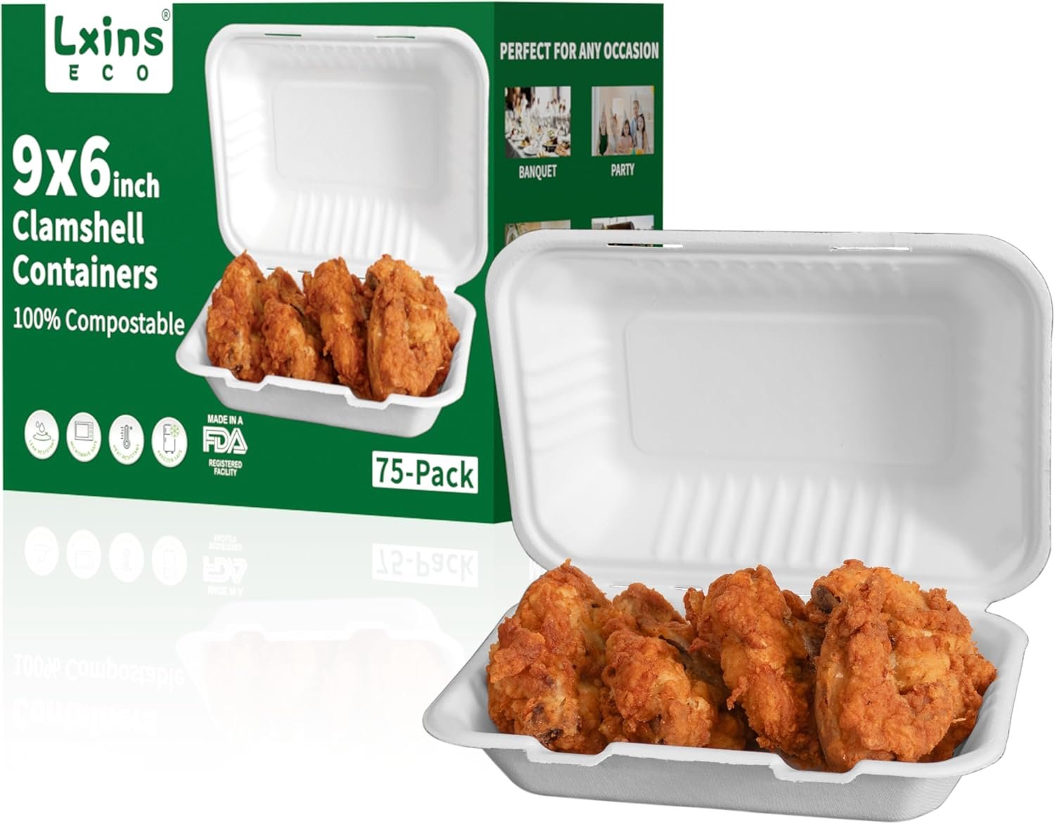 Conteneurs à emporter 9x6 pouces en bagasse compostable, Vente en gros, 75 pièces, Boîtes alimentaires jetables avec couvercles, Grossiste en contenants pour déjeuner et préparation de repas, Fabricant durable.