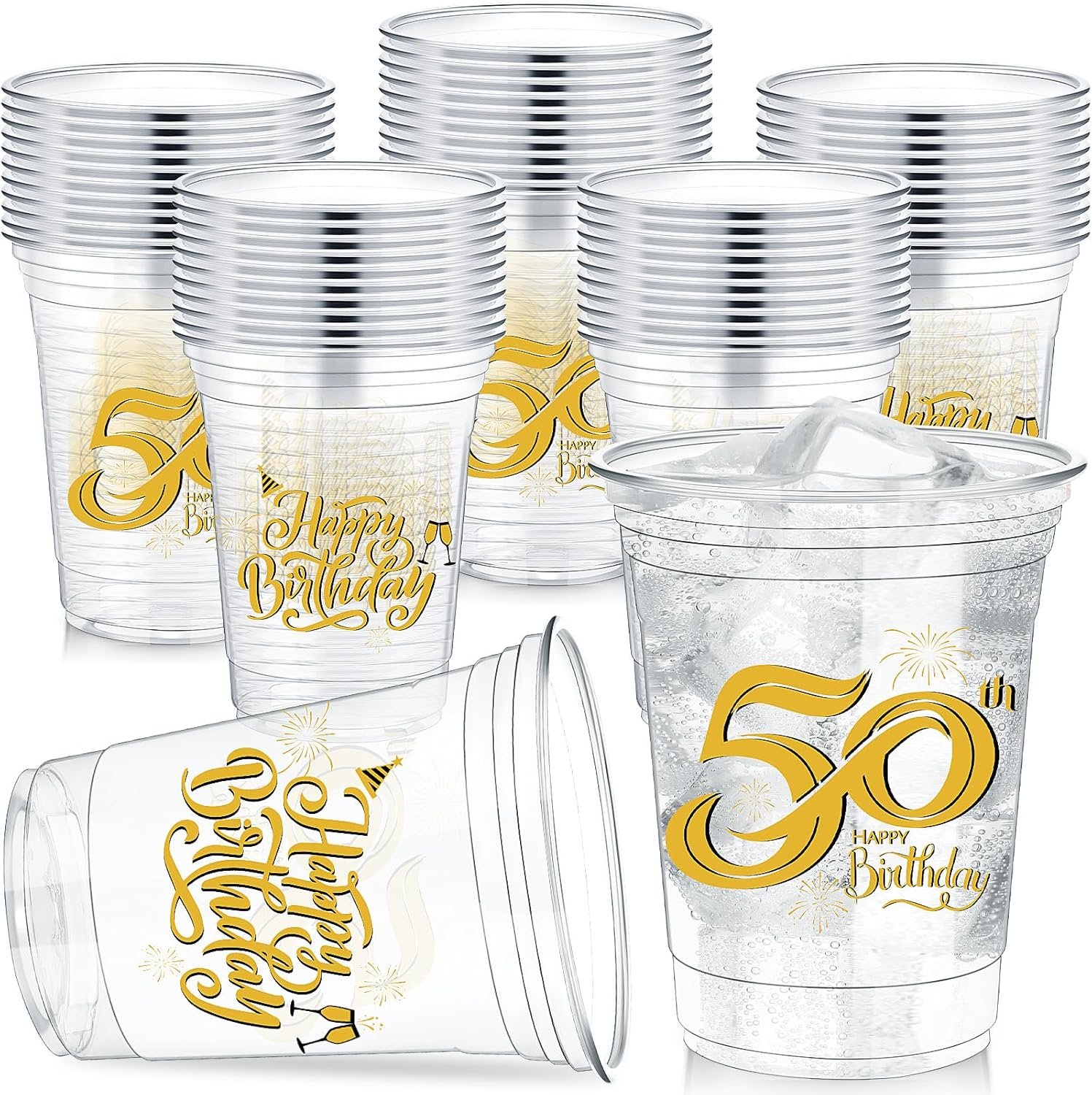 Cups en Vrac pour la fête d'anniversaire 50 ans, 60 pièces de gobelets plastiques transparent de 12 oz, Fabricant de gobelets jetables, Logo Personnalisé pour célébrer 50 ans.