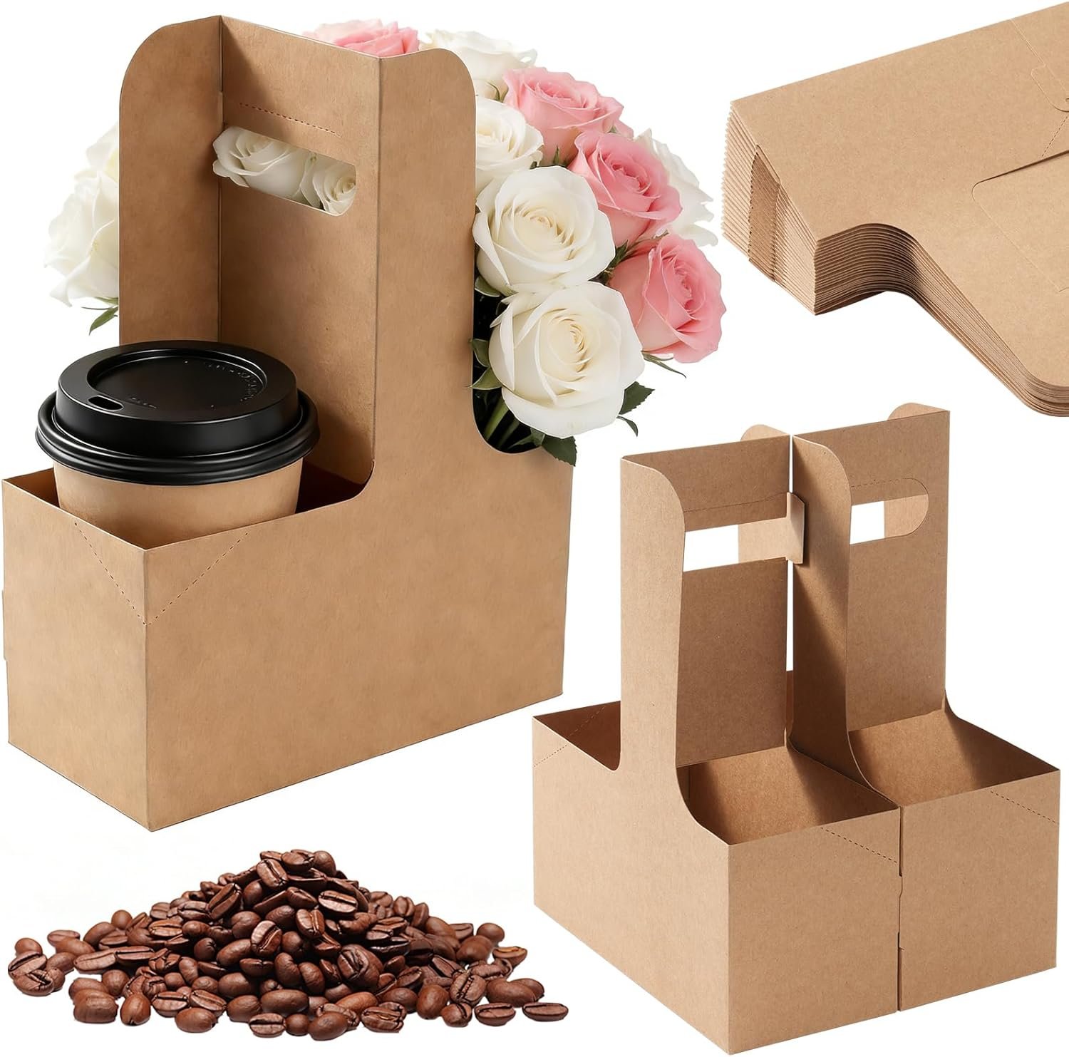 Grossiste 100 Pcs Porte-gobelets en Carton Kraft 2 Tasses avec Poignée, Fournisseur d'Accessoires pour Boissons Chaudes et Froides en Vrac, Logo Personnalisé.
