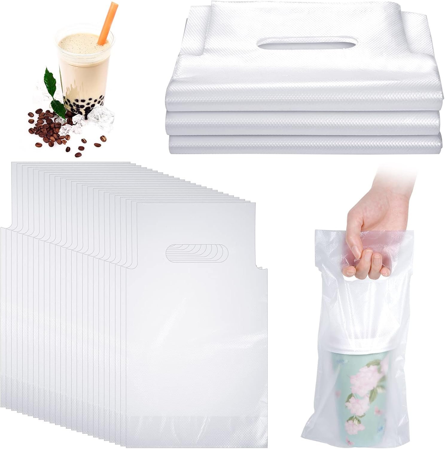 Grossiste 200 Pcs Transporteurs de Boissons en Sacs Plastiques Transparent avec Poignée pour Établissements de Restauration, OEM, 16 x 24 cm, Fournisseur de Solutions pour Cafés et Bars.
