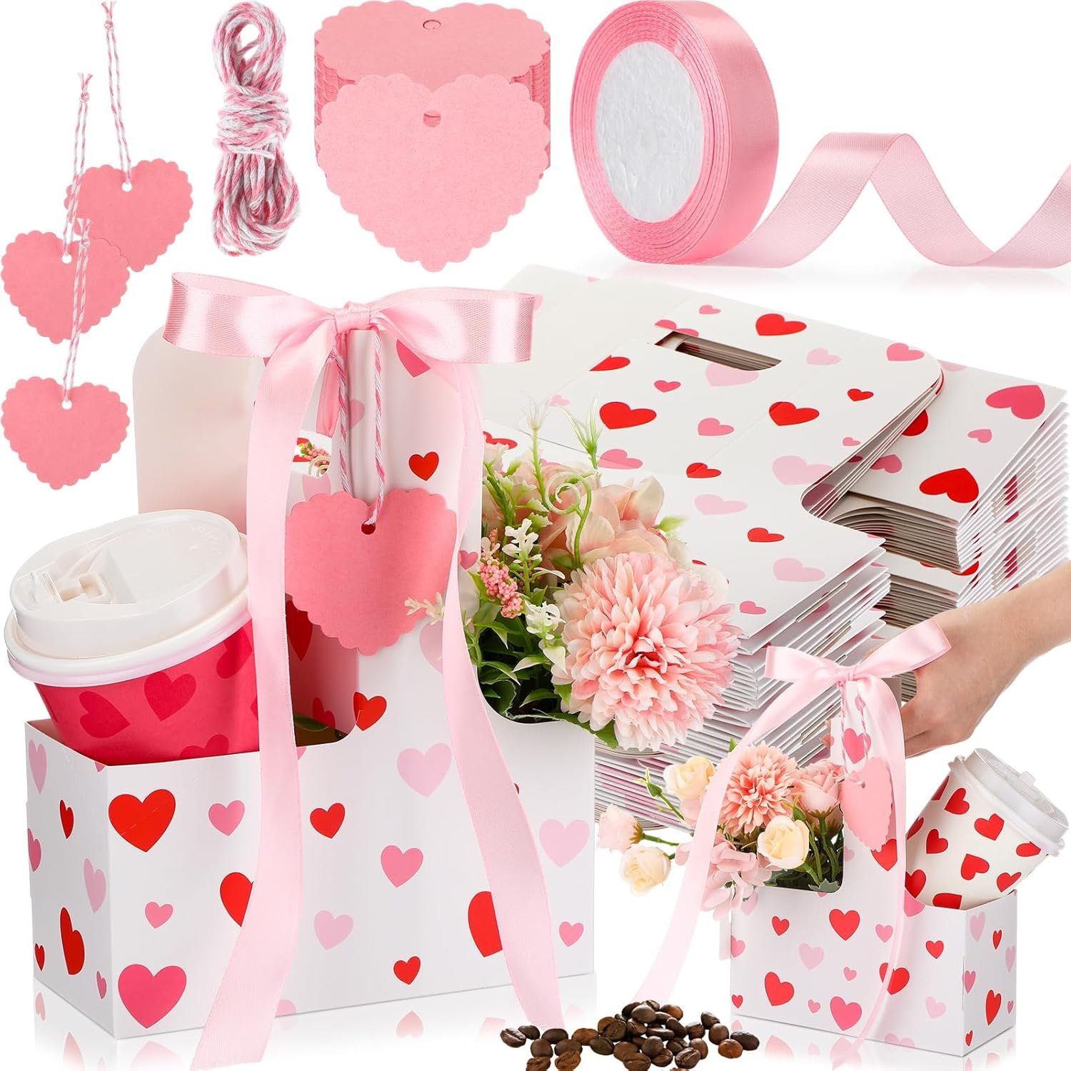 Grossiste 24 Pack Porte-Drink pour 2 Tasses avec Poignée en Forme de Cœur, Ruban Rose, OEM de Porte-Gobelets Jetables, Pratiques pour Cafés et Boissons Chaudes ou Froides, Logo Personnalisé