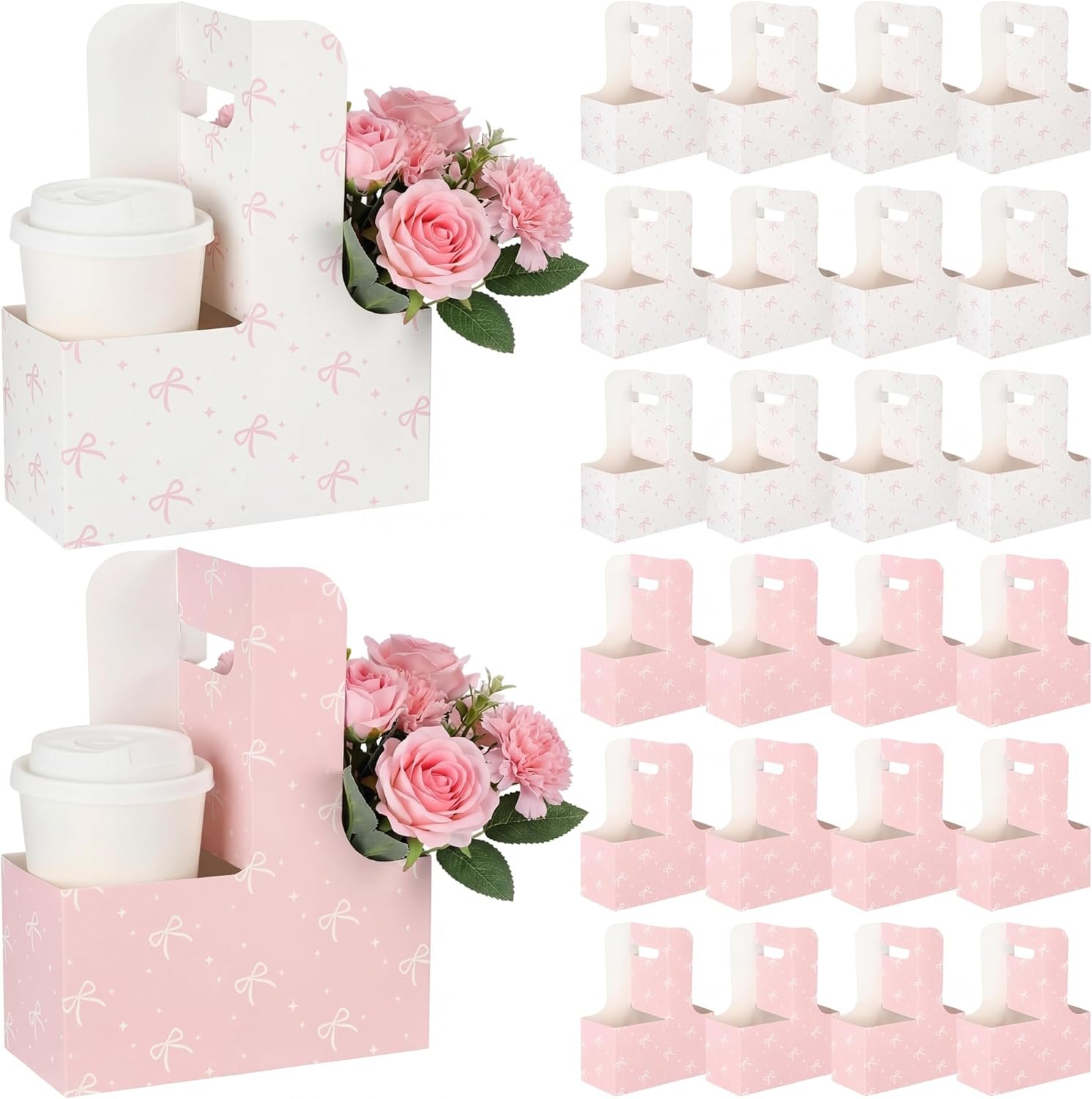 Grossiste 24 Pcs Sacs Cadeaux Jetables en Carton Rose Support pour 2 Tasses de Café avec Poignée Fournisseur Porte-Tasses Portables En Vrac Accessoires de Fête