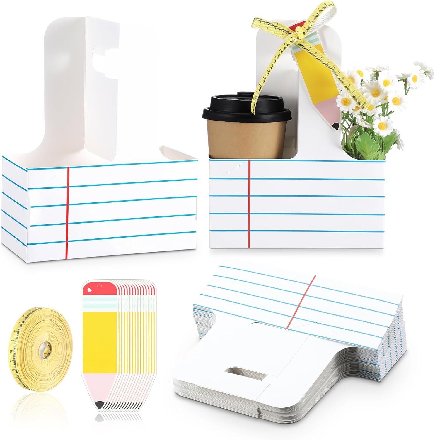 Grossiste 24 ensembles de cadeaux pour enseignants, transporteur de boissons 2 tasses avec carte de vœux, anse pour fête, logo personnalisé en blanc rayé, fournisseurs d'articles jetables.