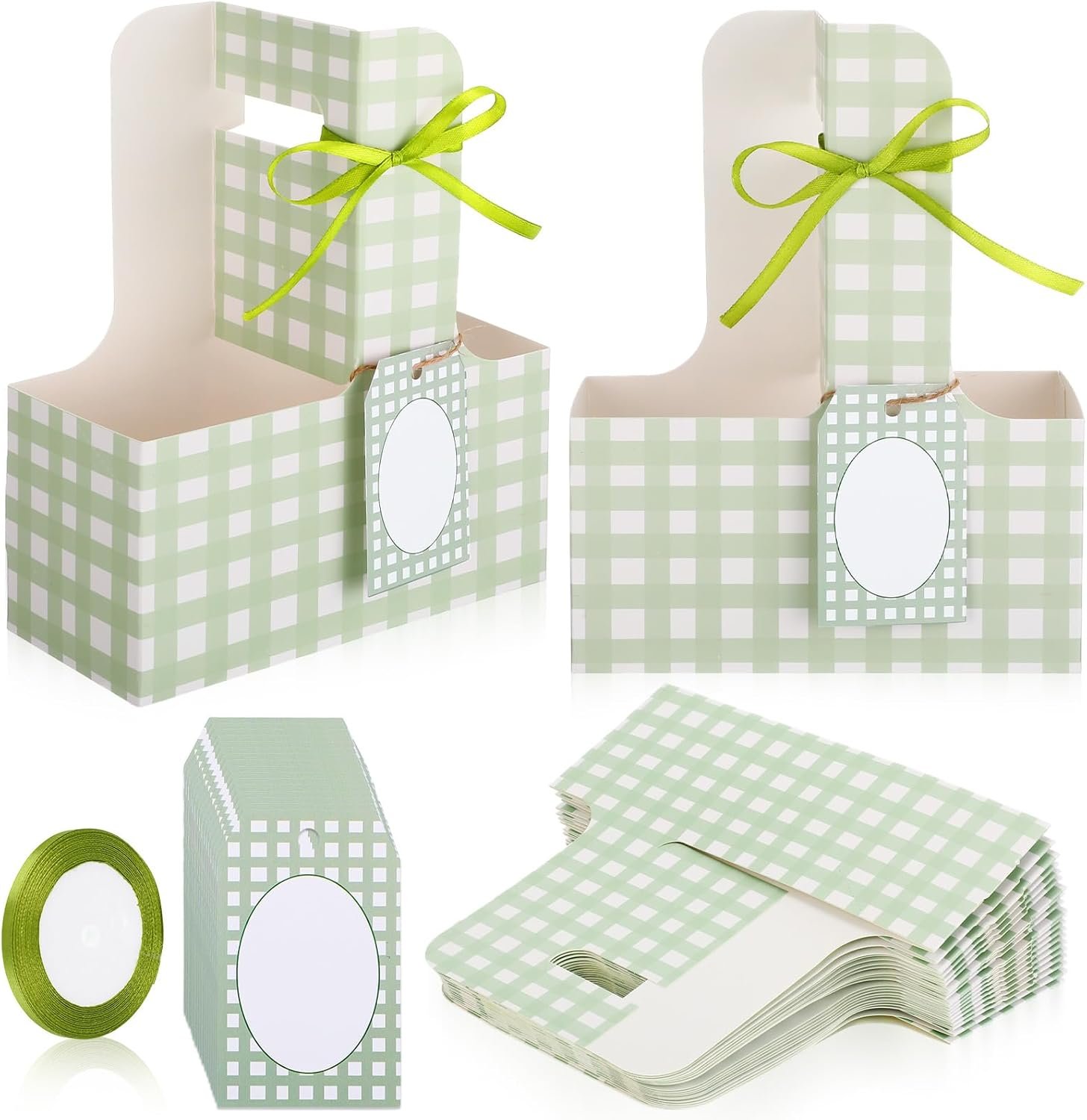 Grossiste 24 ensembles de porte-gobelets avec poignées pour boissons, fleurs, OEM accessoires de fête de mariage et d'anniversaire, en vannerie à carreaux (vert)